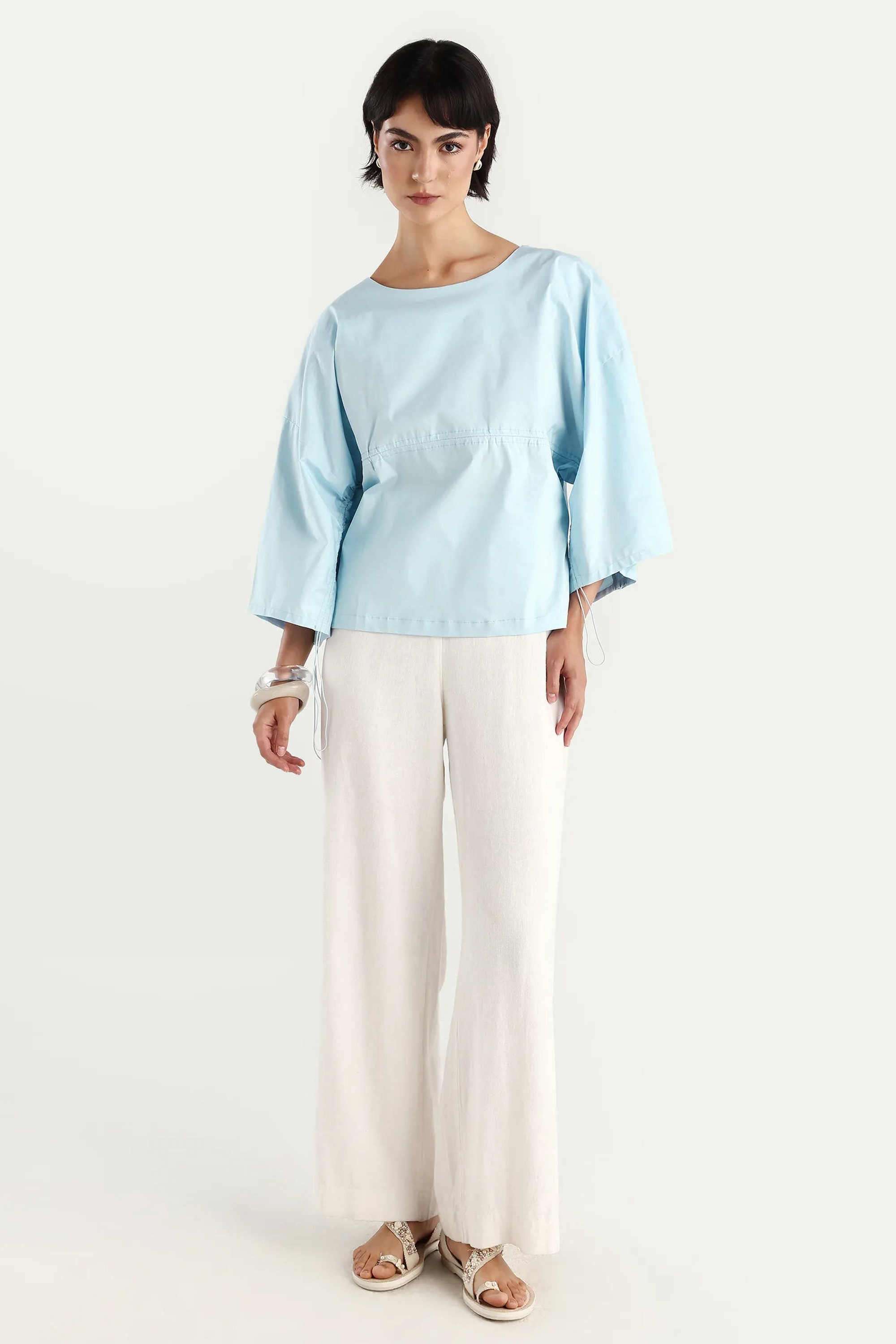 Solid-Cotton-Blend-Round-Neck-Women-s-Top