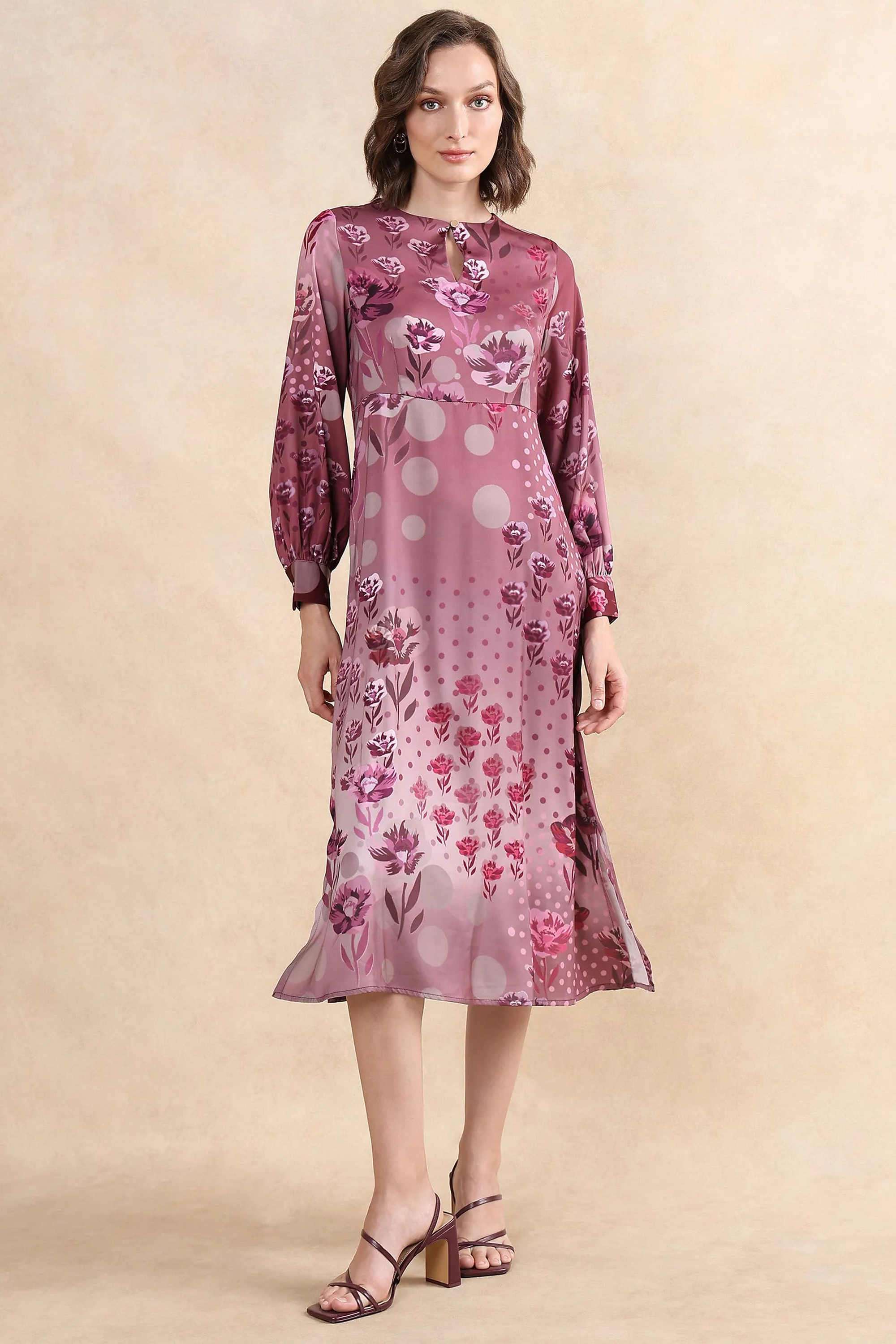 Floral-Satin-Round-Neck-Women-s-Dress