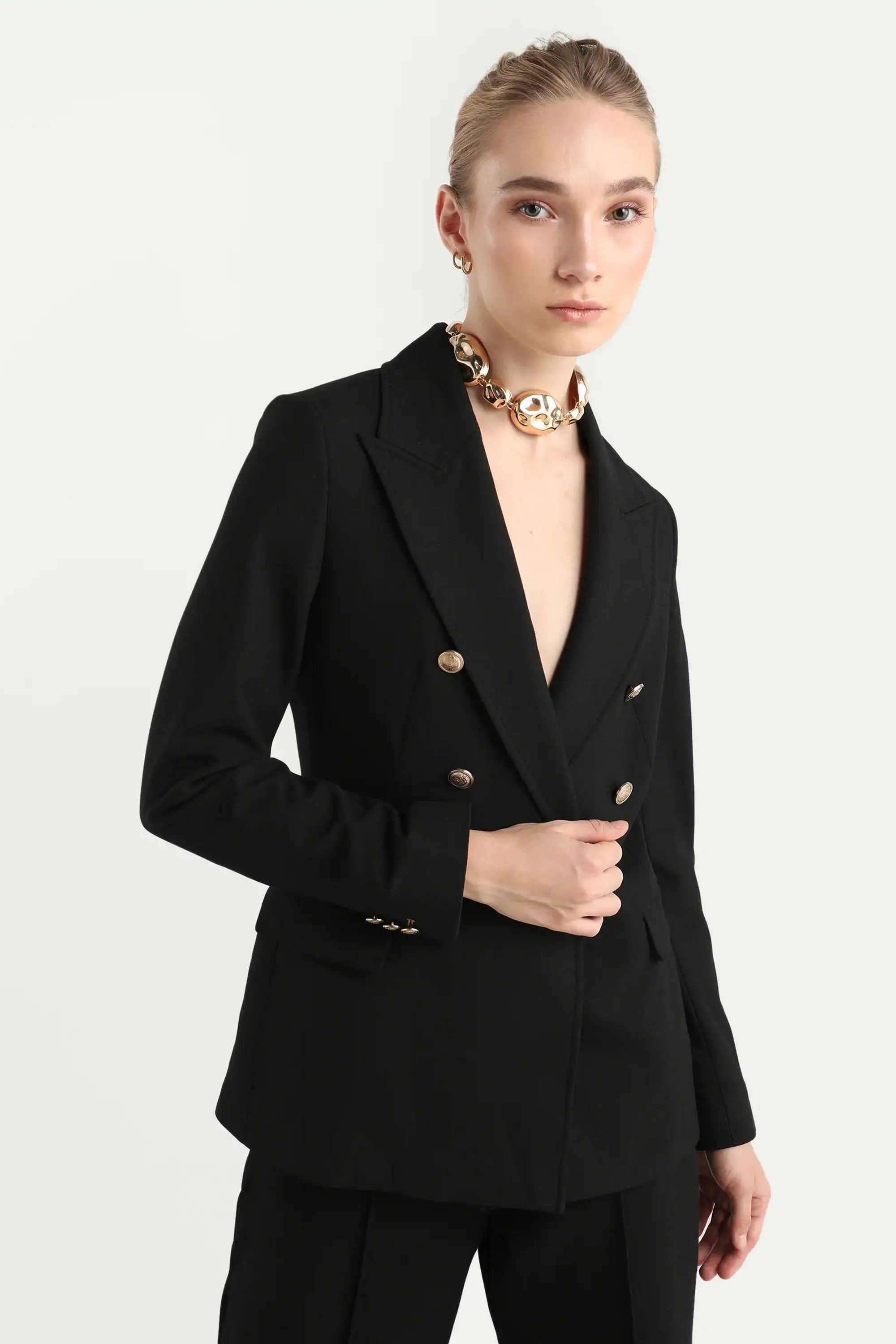 Solid-Collared-Blended-Fabric-Women-Blazer