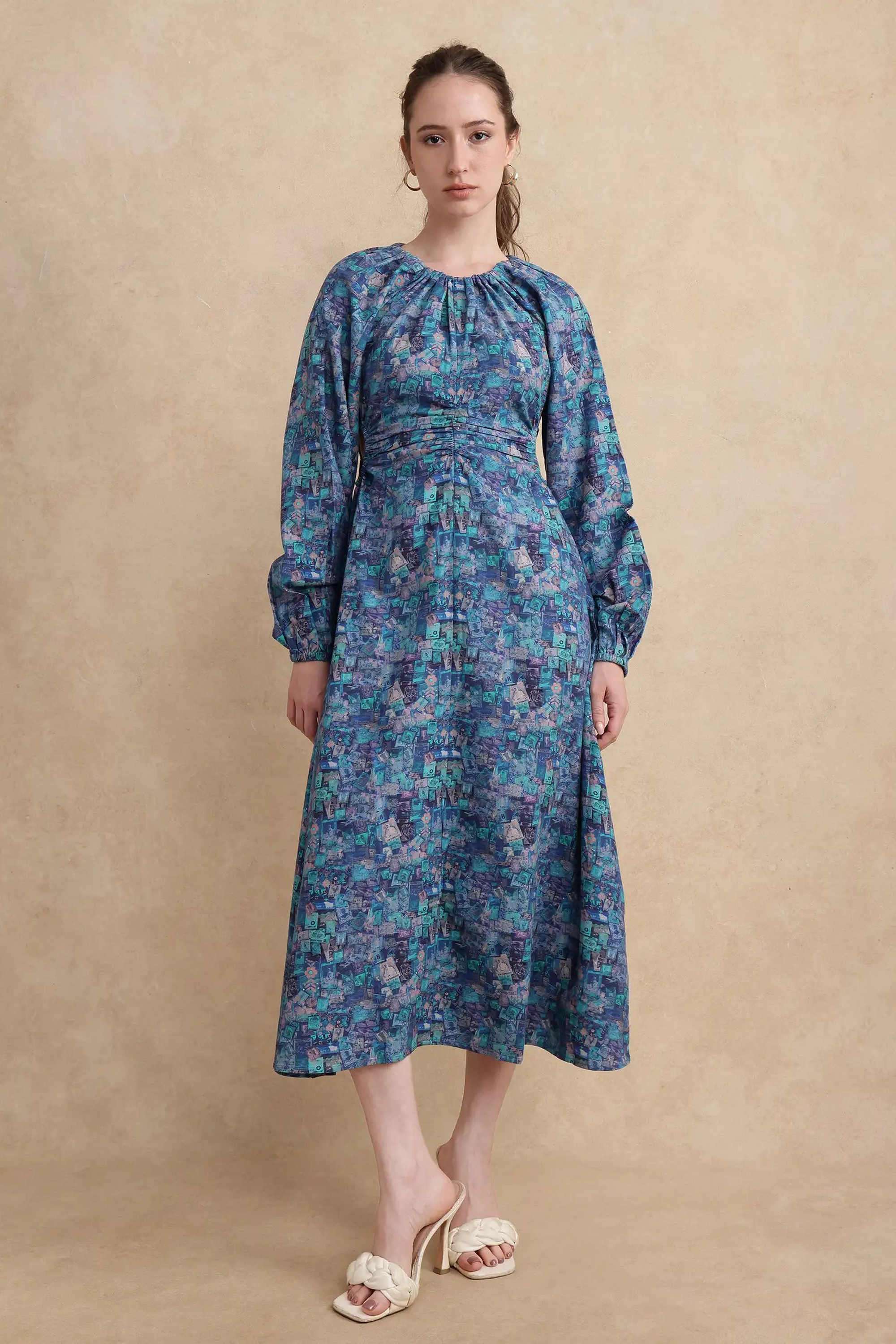 Printed-Blended-Fabric-Round-Neck-Women-s-Dress