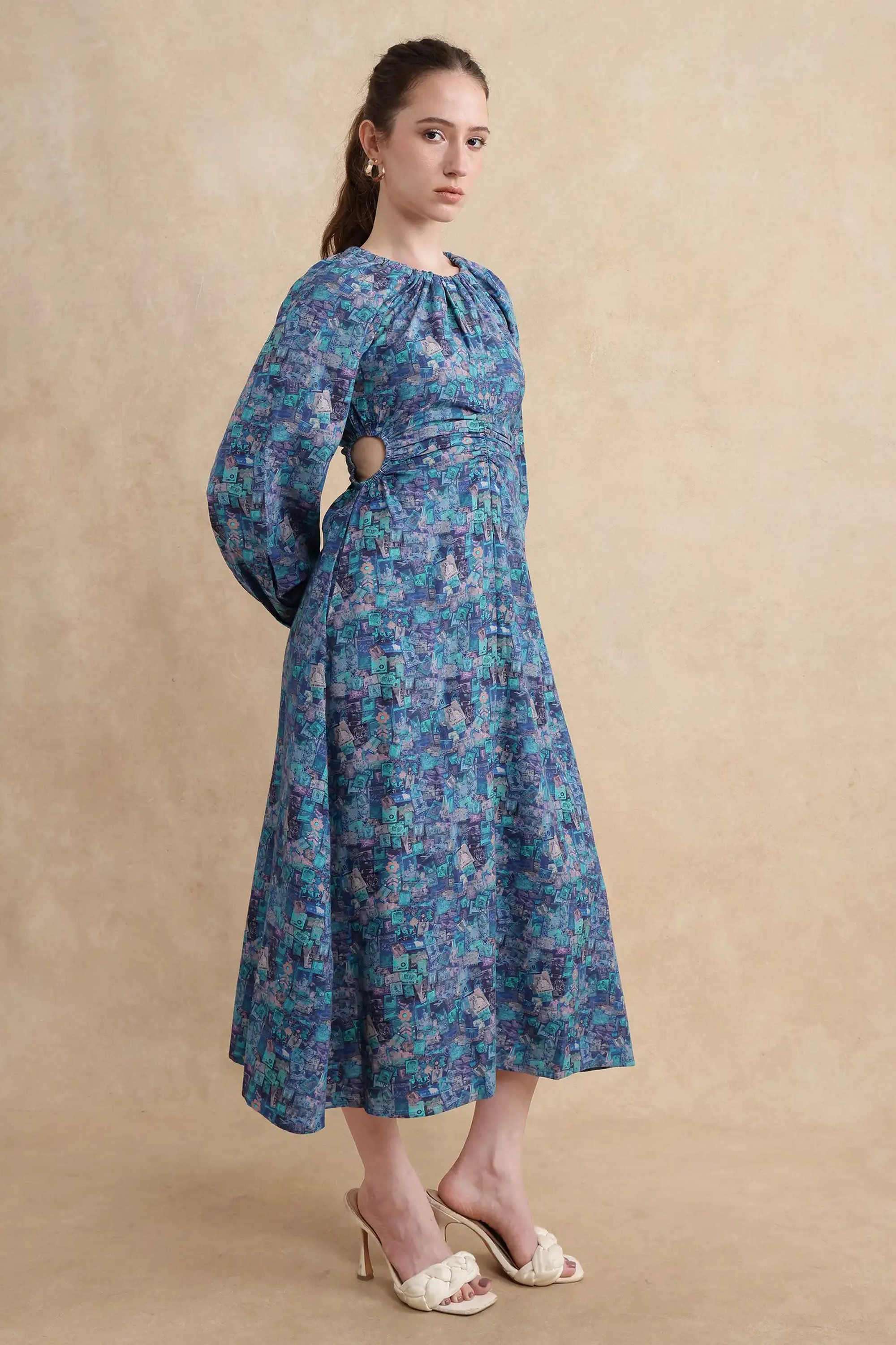 Printed-Blended-Fabric-Round-Neck-Women-s-Dress