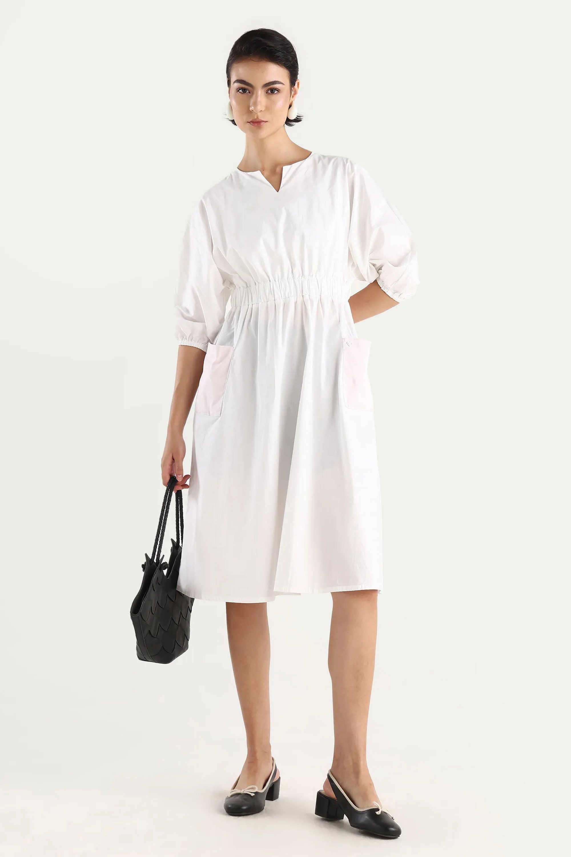 Solid-Cotton-Blend-Round-Neck-Women-s-Dress