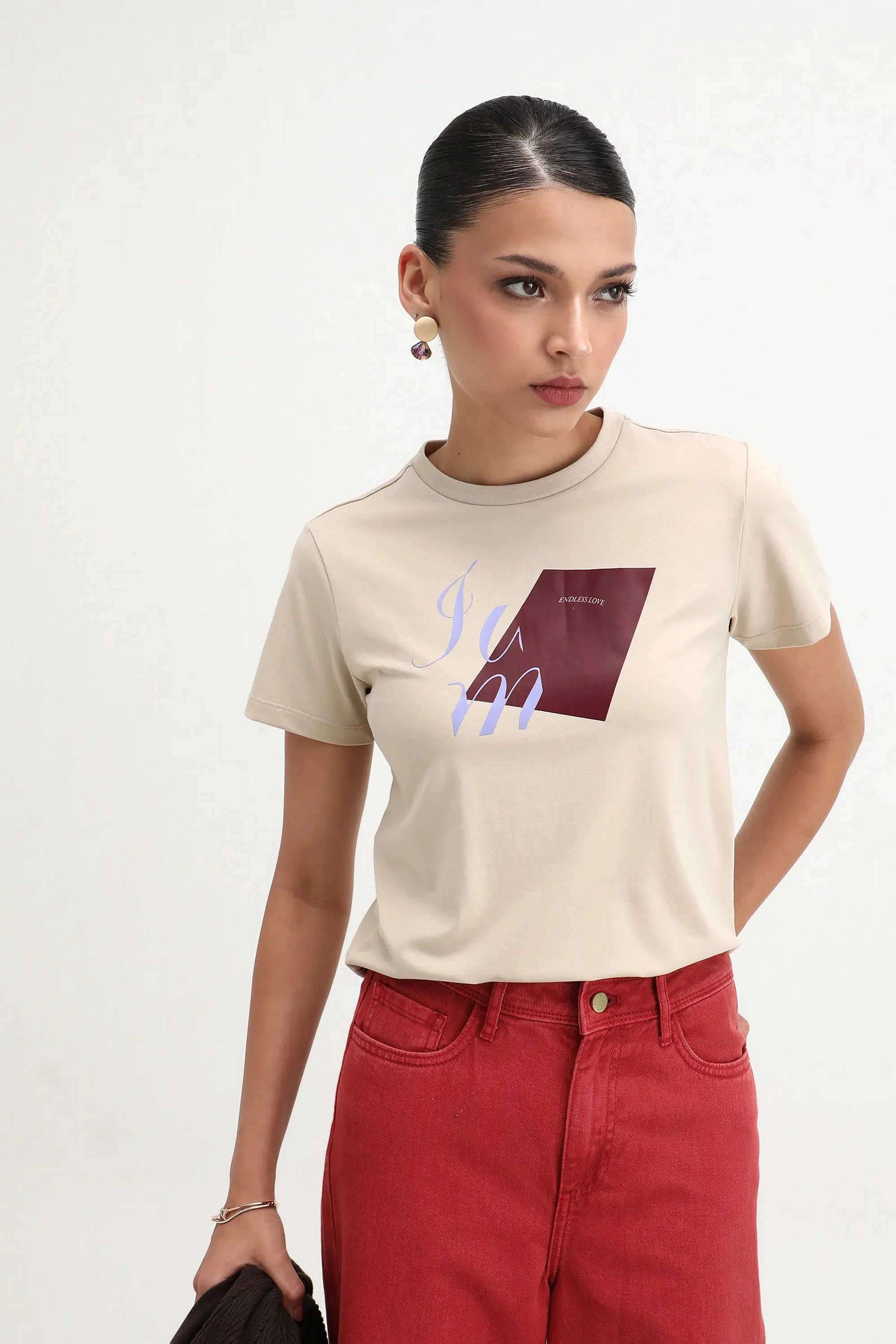 Graphic-Print-Blended-Fabric-Round-Neck-Women-s-T-Shirt