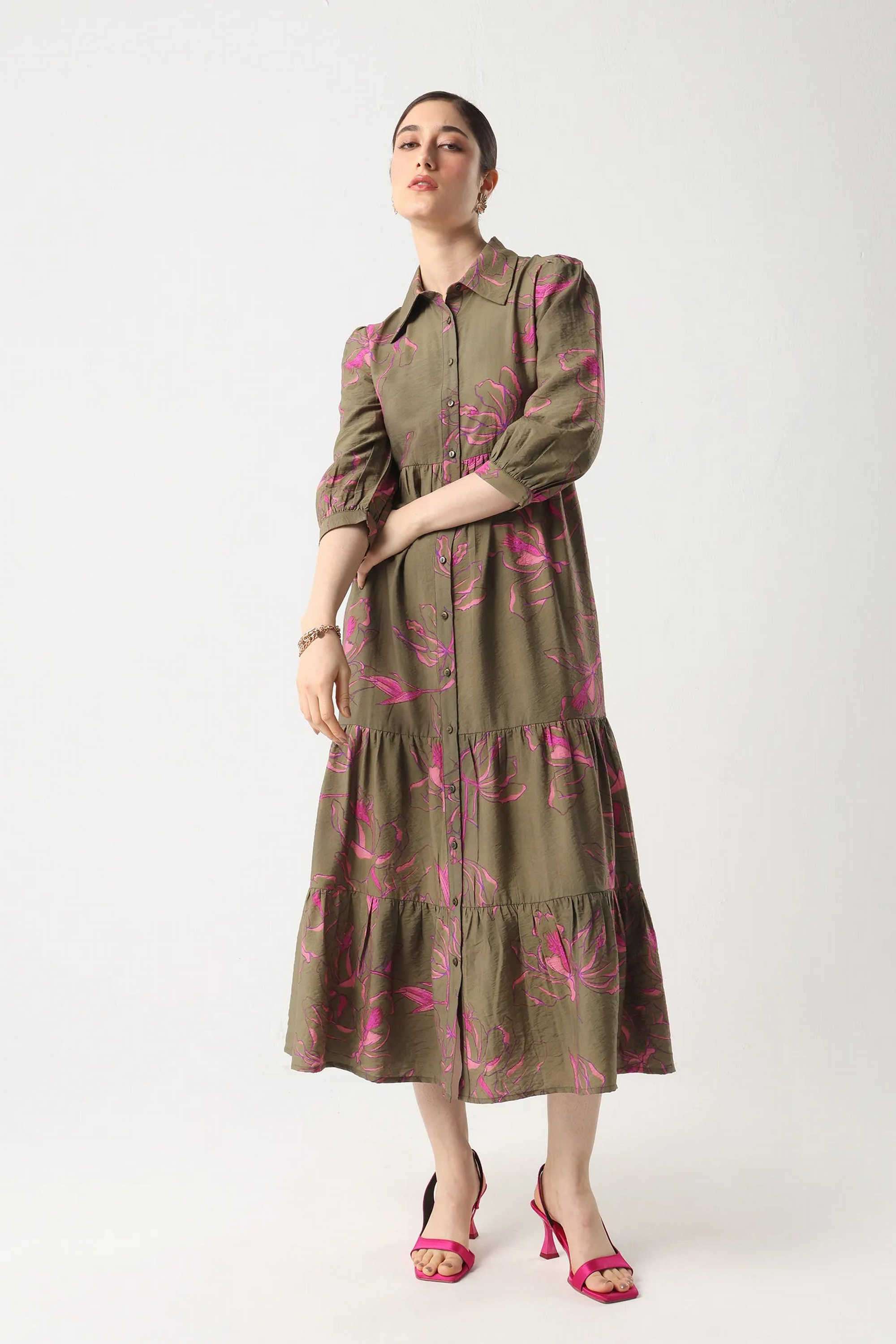 Floral-Blended-Fabric-Collared-Women-s-Dress