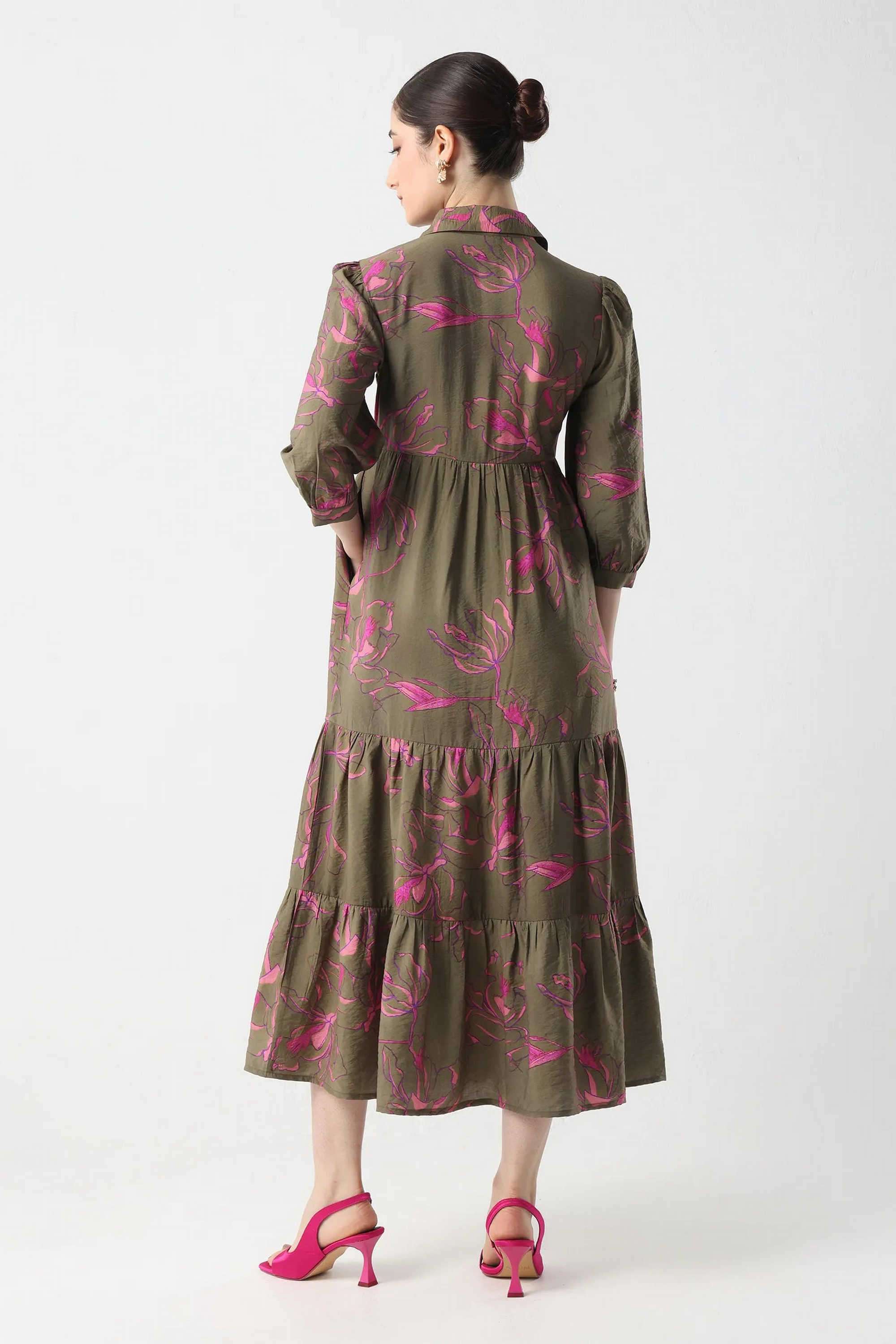 Floral-Blended-Fabric-Collared-Women-s-Dress