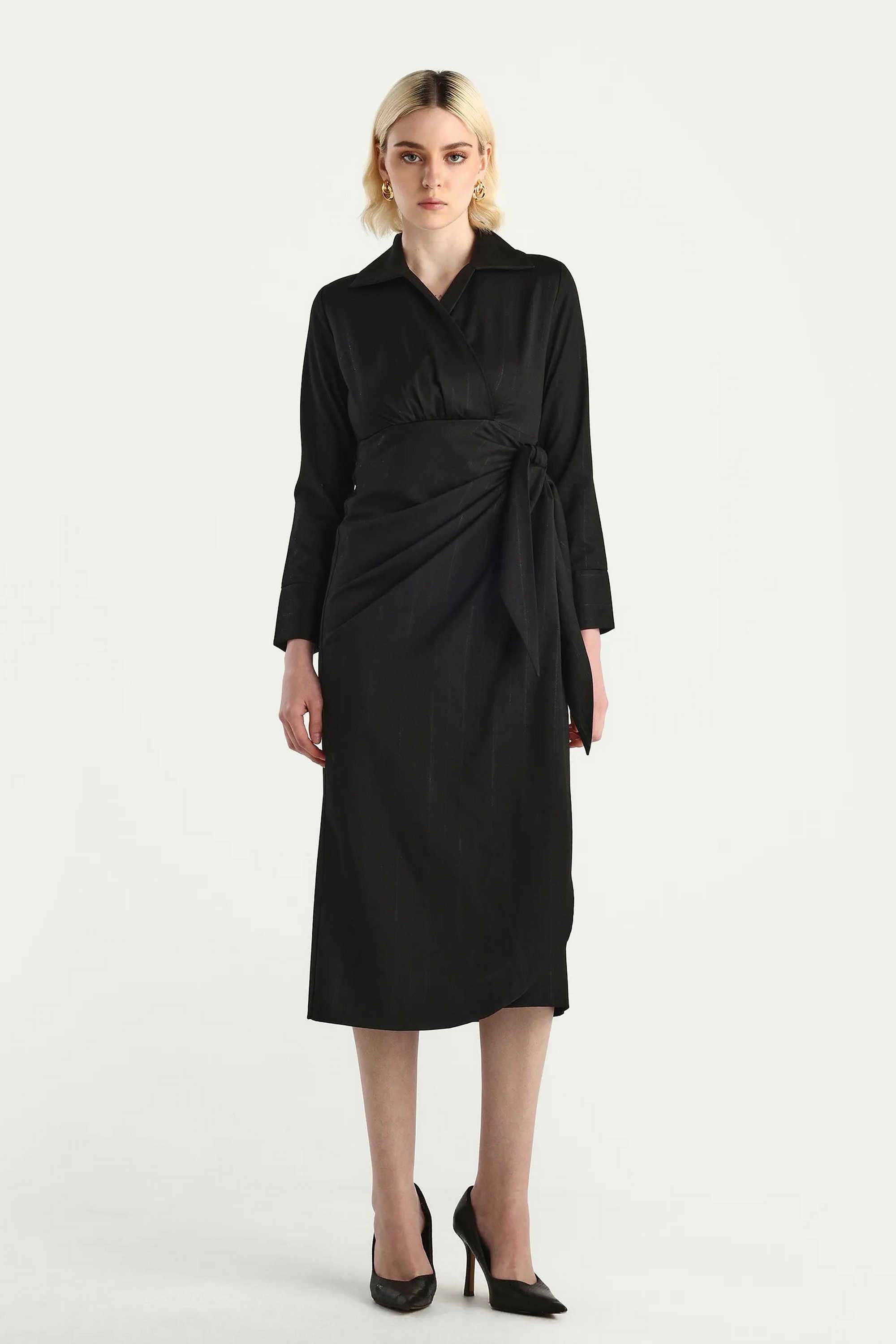 Solid-Blended-Fabric-Collared-Women-s-Dress