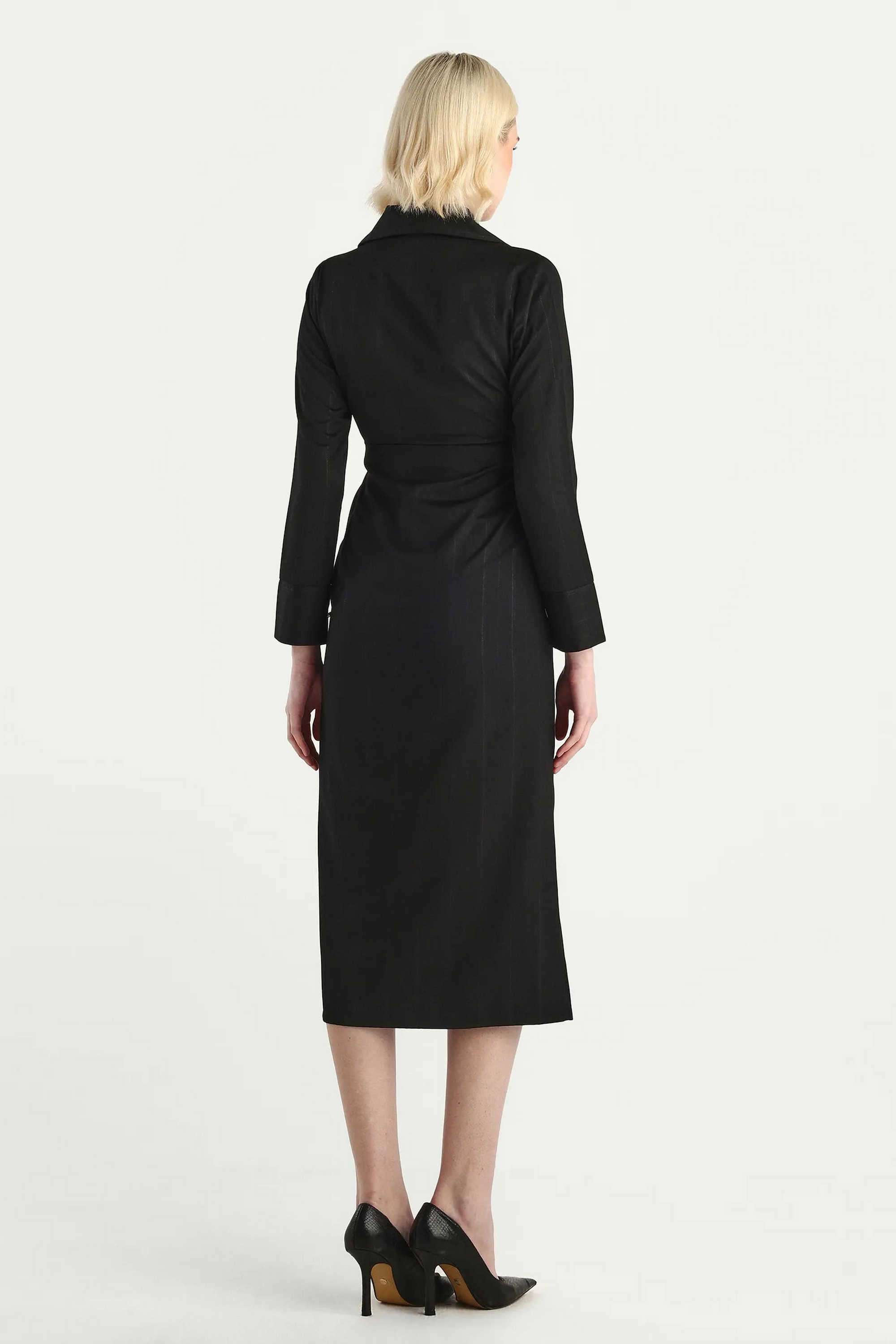 Solid-Blended-Fabric-Collared-Women-s-Dress