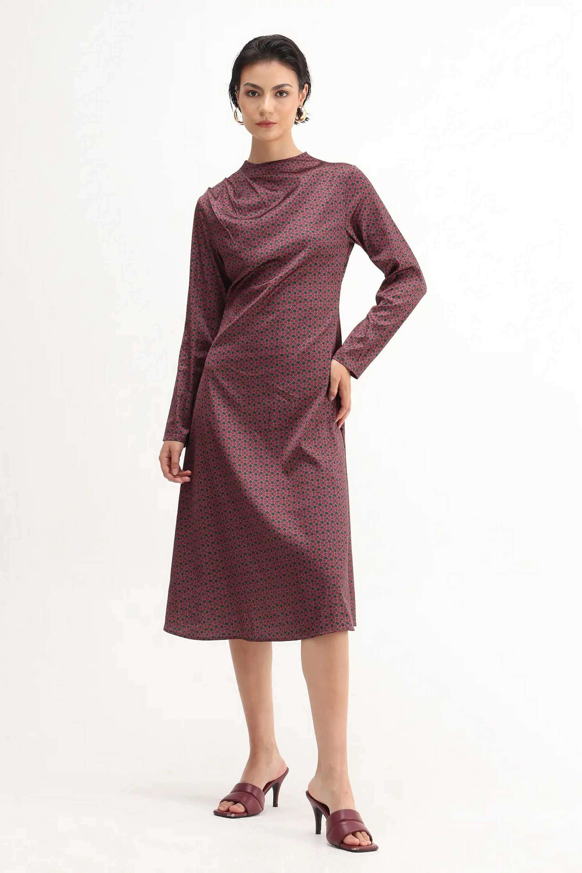 Geometric-Print-Polyester-High-Neck-Women-s-Dress