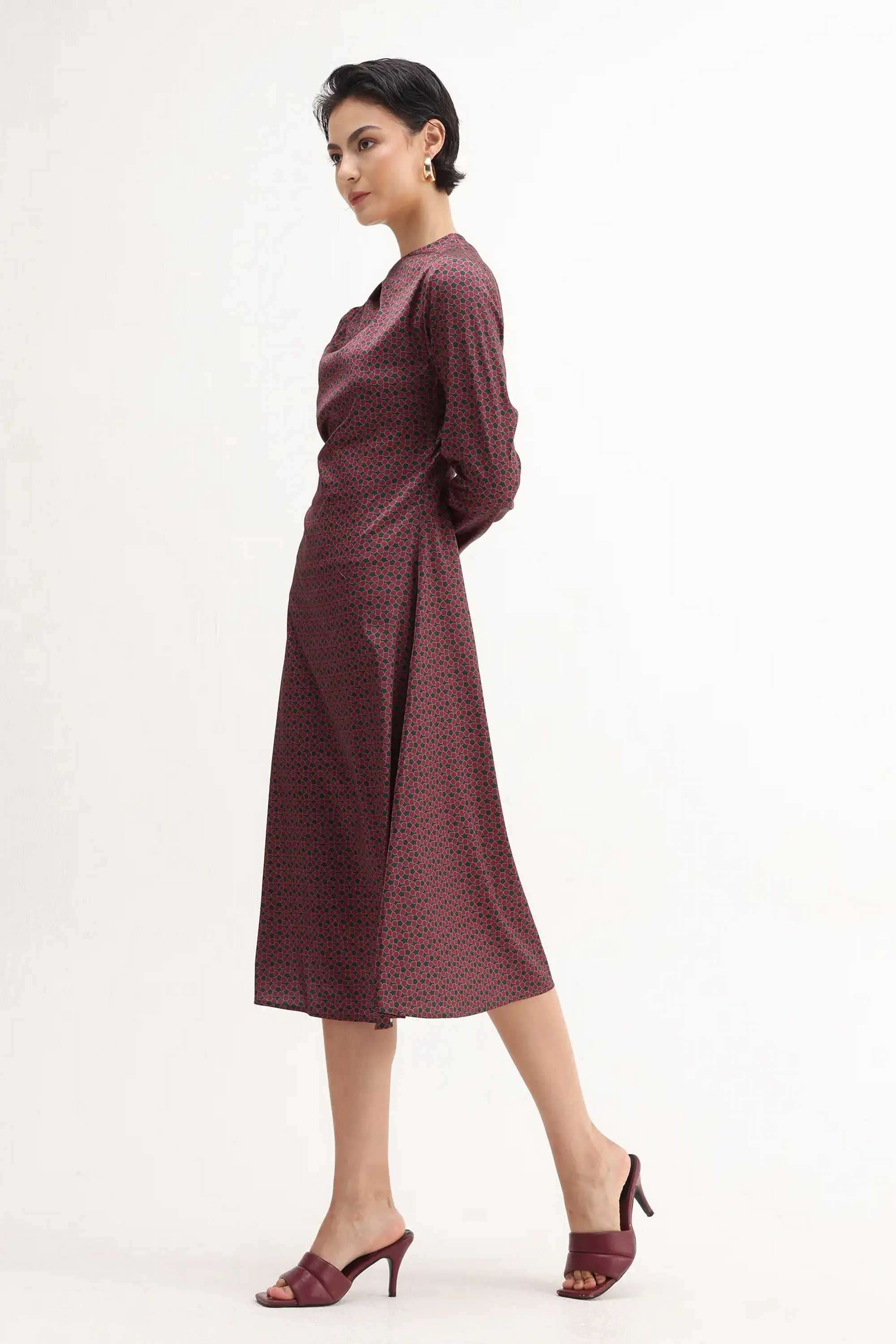 Geometric-Print-Polyester-High-Neck-Women-s-Dress