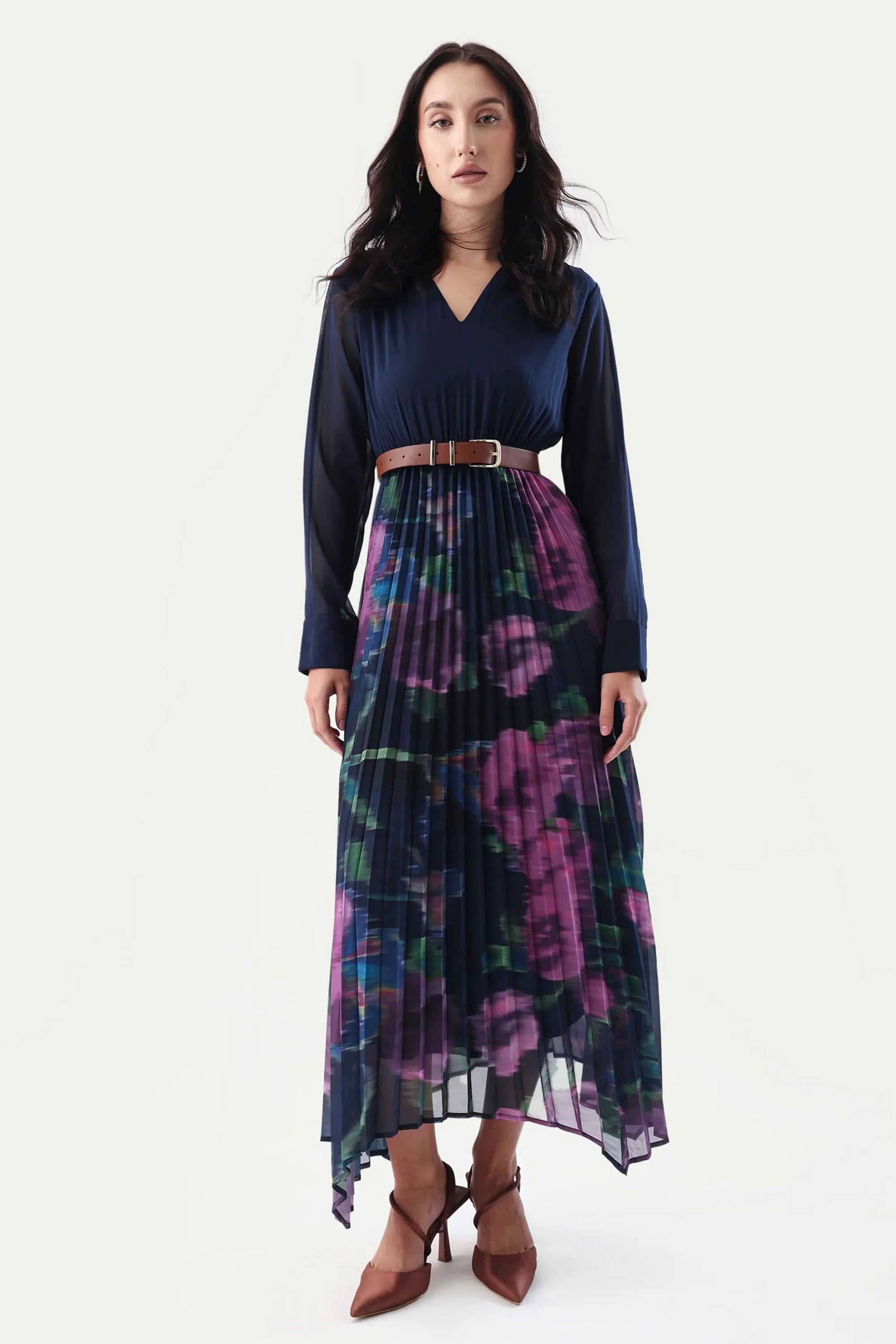 Printed-Polyester-V-Neck-Women-s-Dress