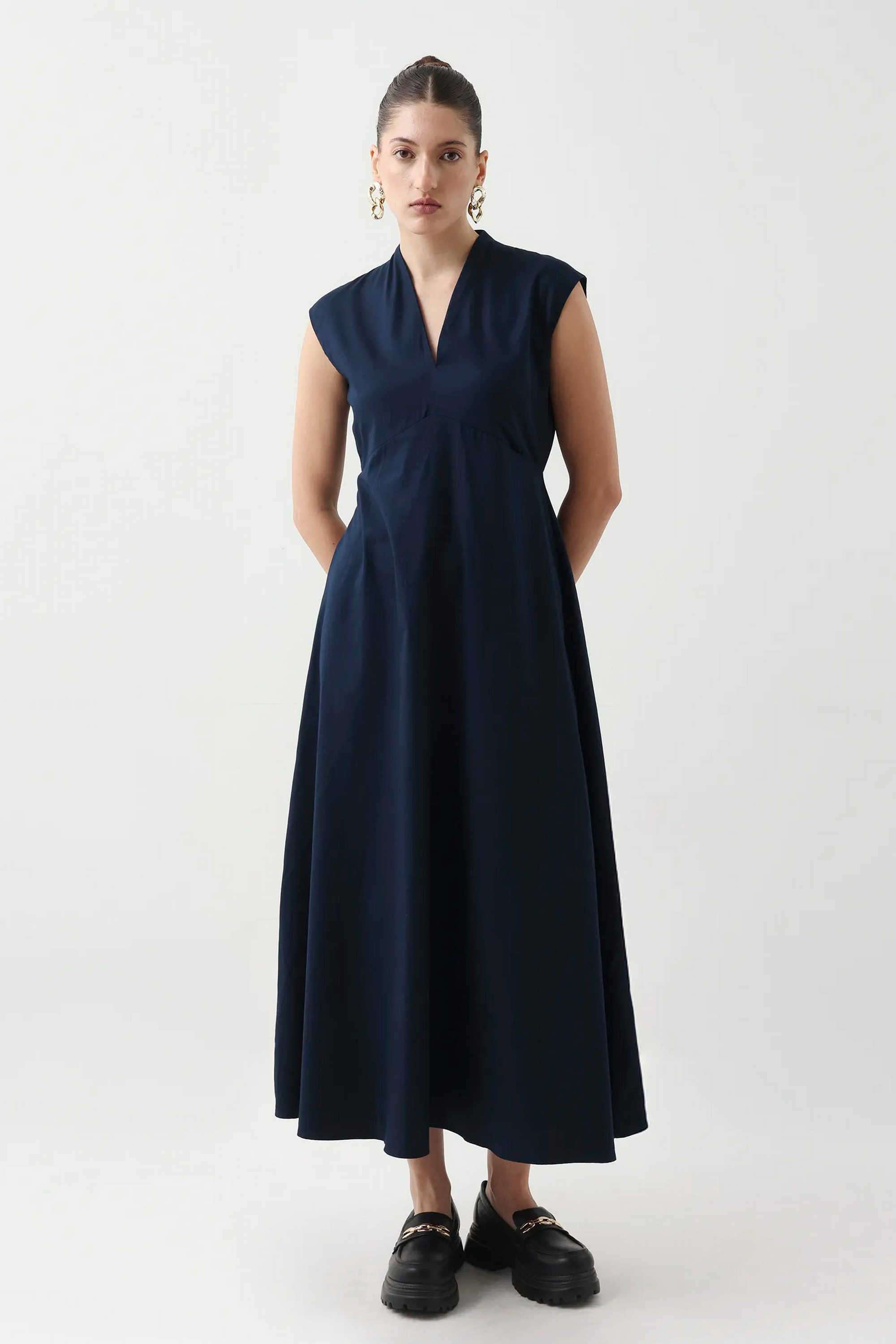 Solid-Blended-Fabric-Cowl-Neck-Women-s-Dress