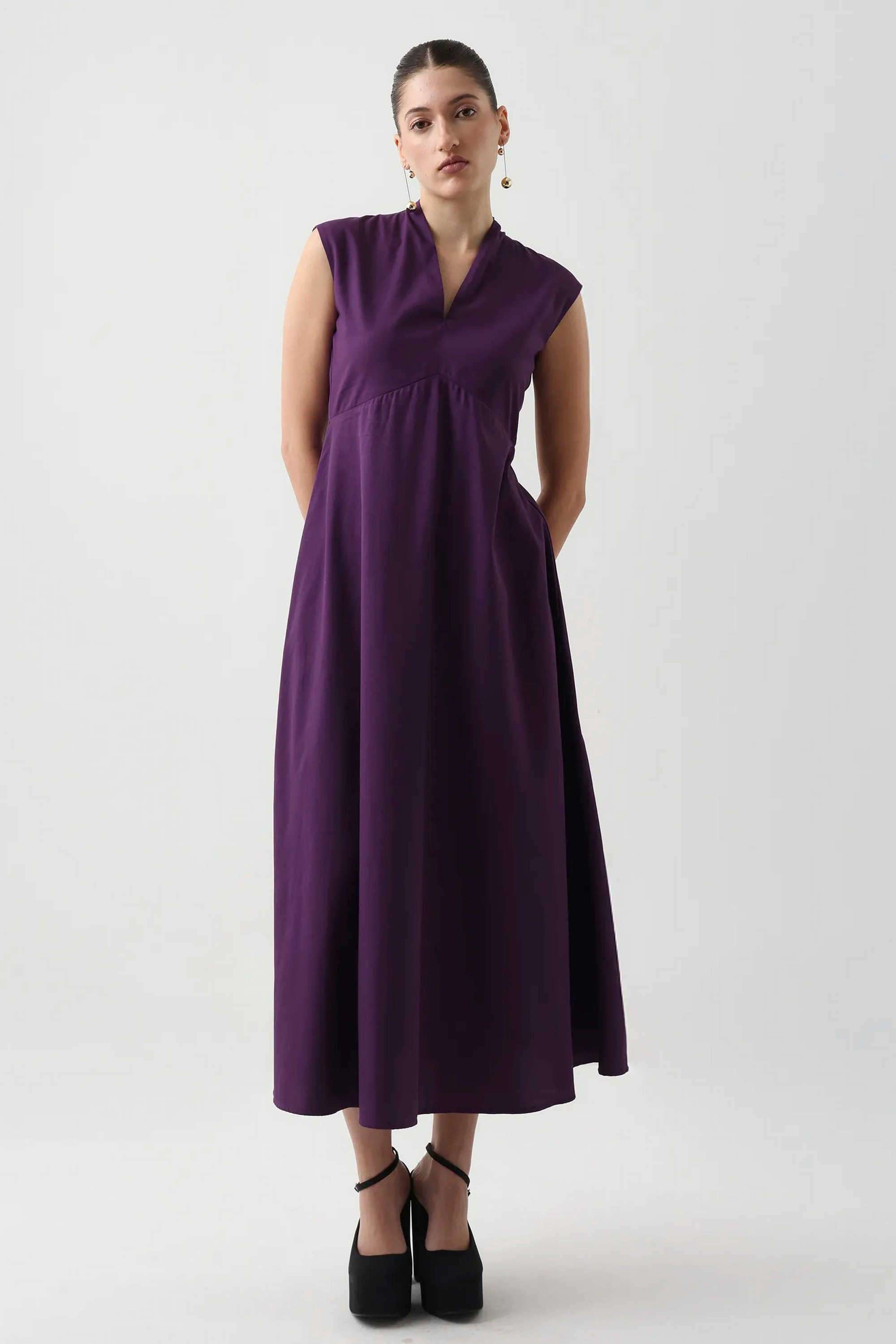 Solid-Blended-Fabric-Cowl-Neck-Women-s-Dress