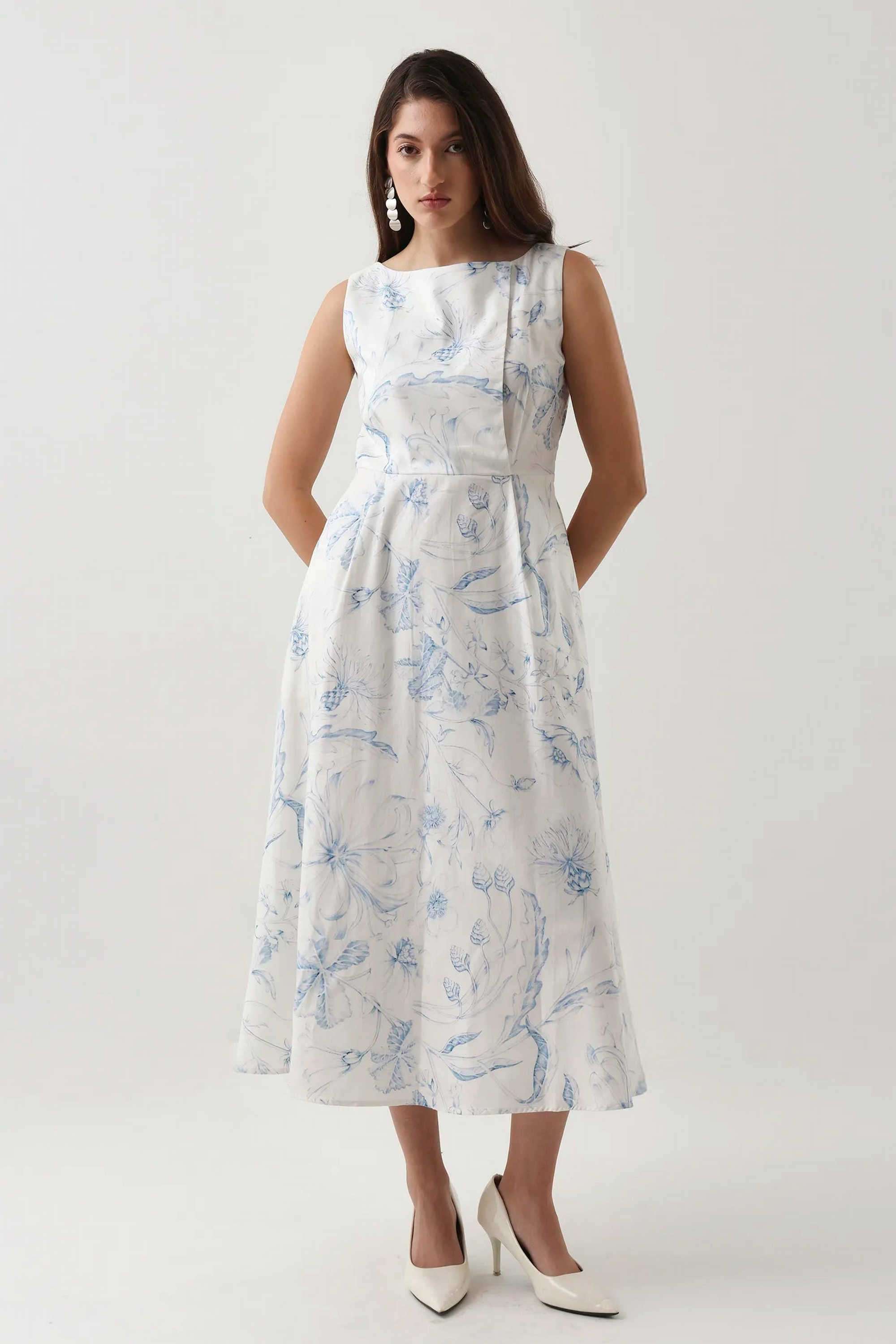 Printed-Blended-Fabric-Round-Neck-Women-s-Dress