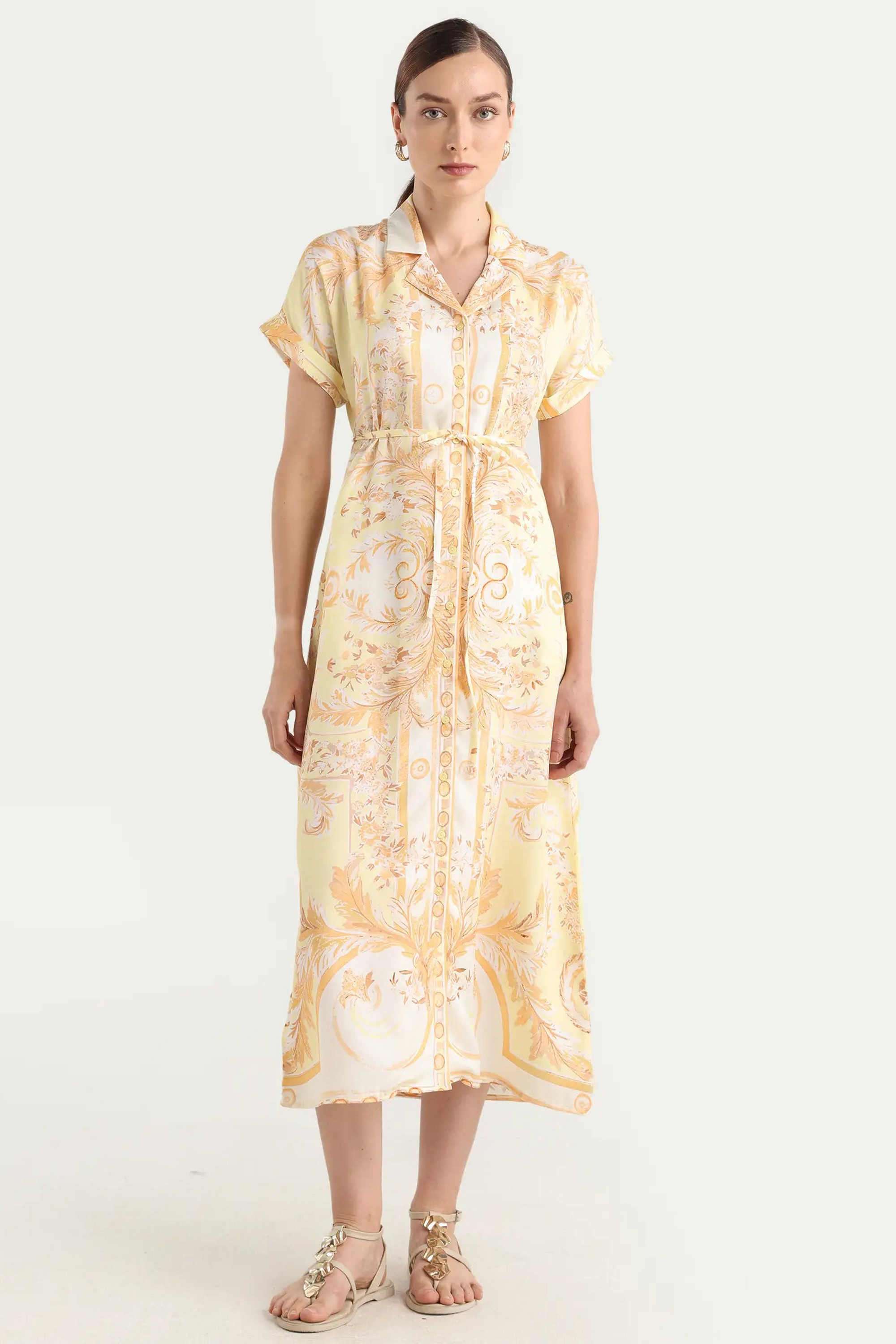 Printed-Blended-Fabric-Collared-Women-s-Dress