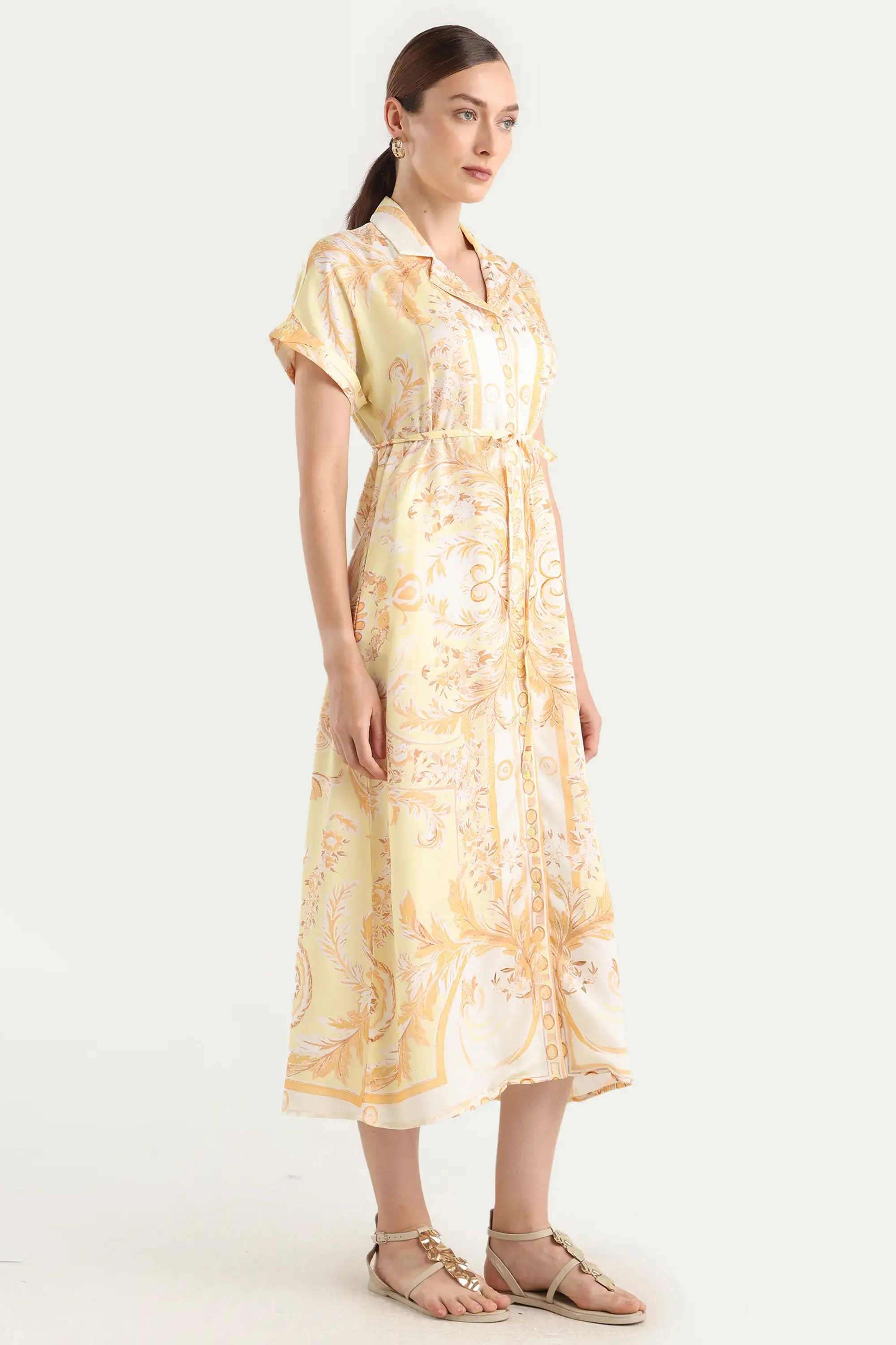 Printed-Blended-Fabric-Collared-Women-s-Dress