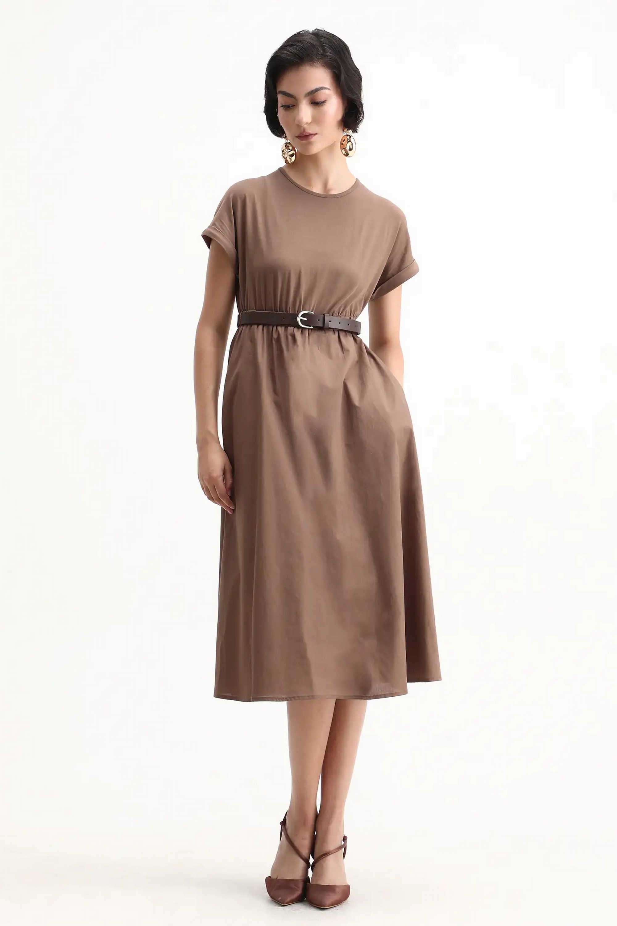 Solid-Cotton-Round-Neck-Women-s-Dress