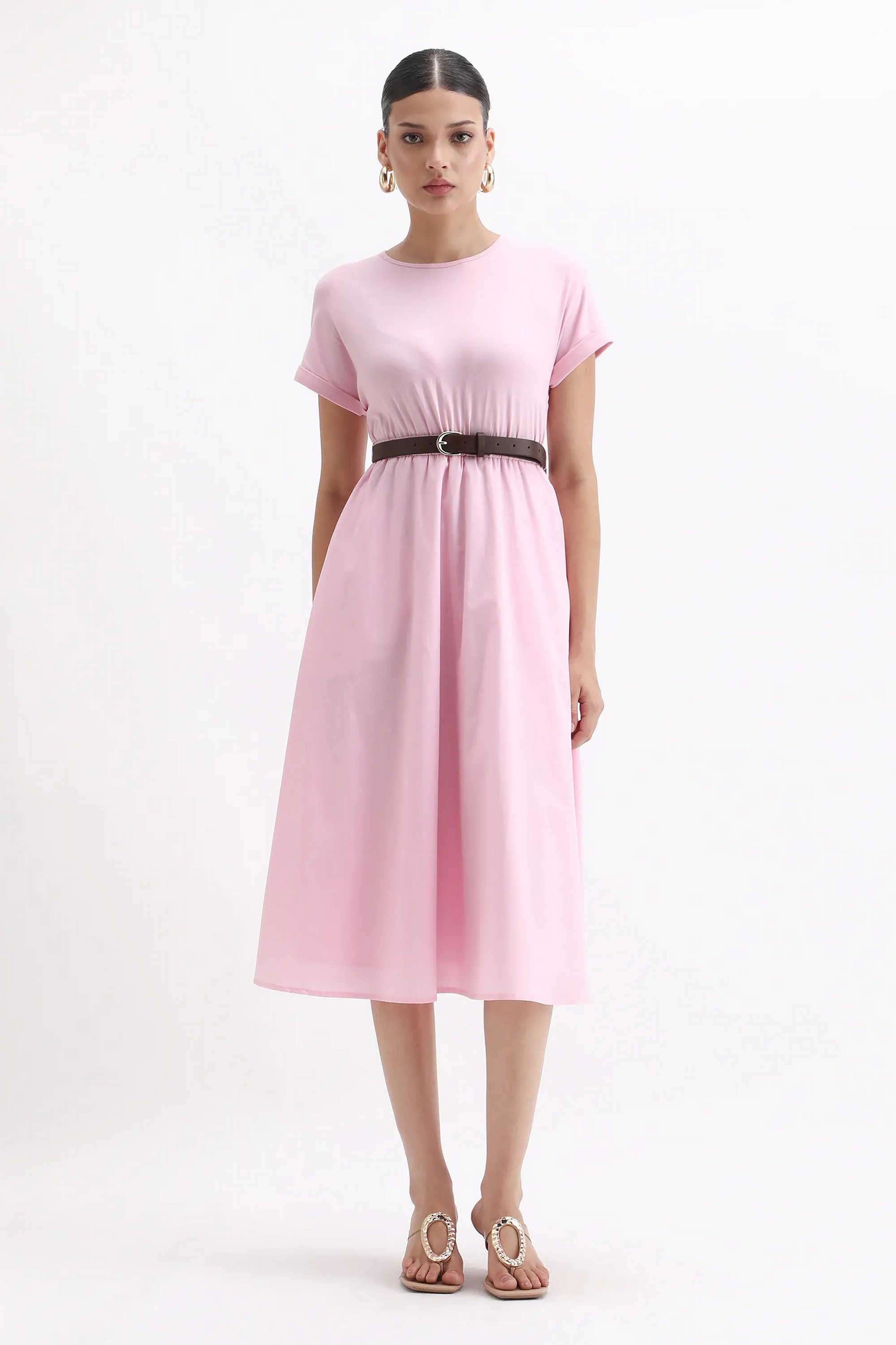 Solid-Cotton-Round-Neck-Women-s-Dress