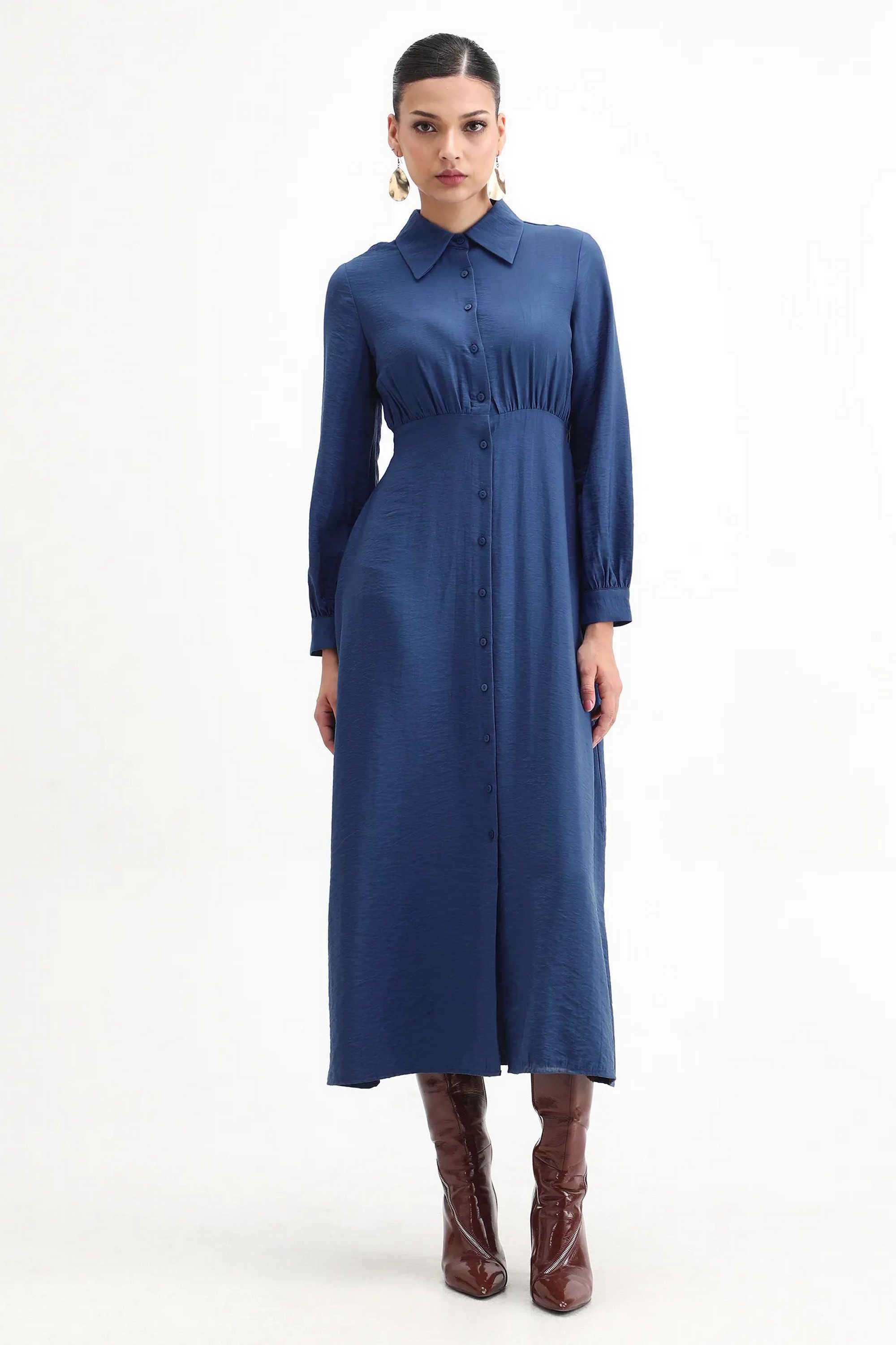 Solid-Blended-Fabric-Collared-Women-s-Dress