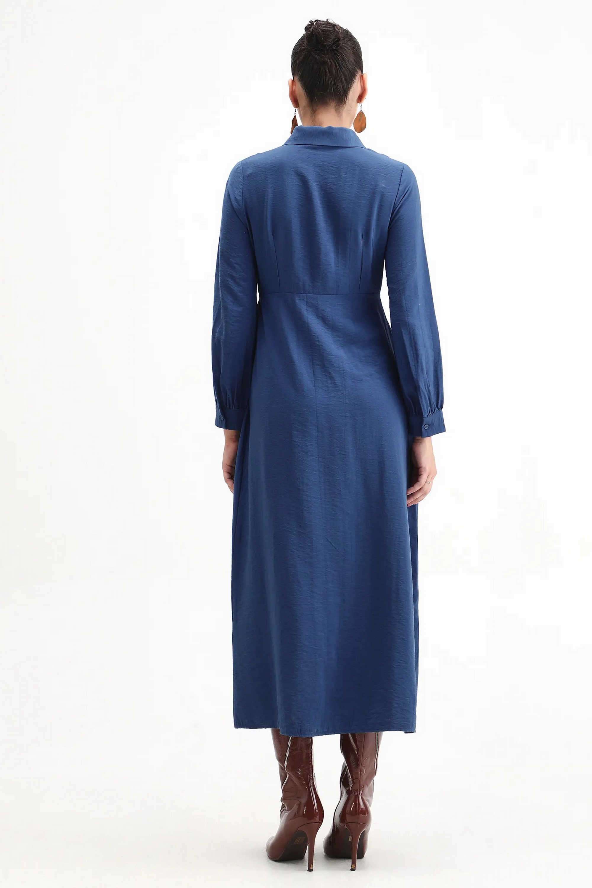 Solid-Blended-Fabric-Collared-Women-s-Dress