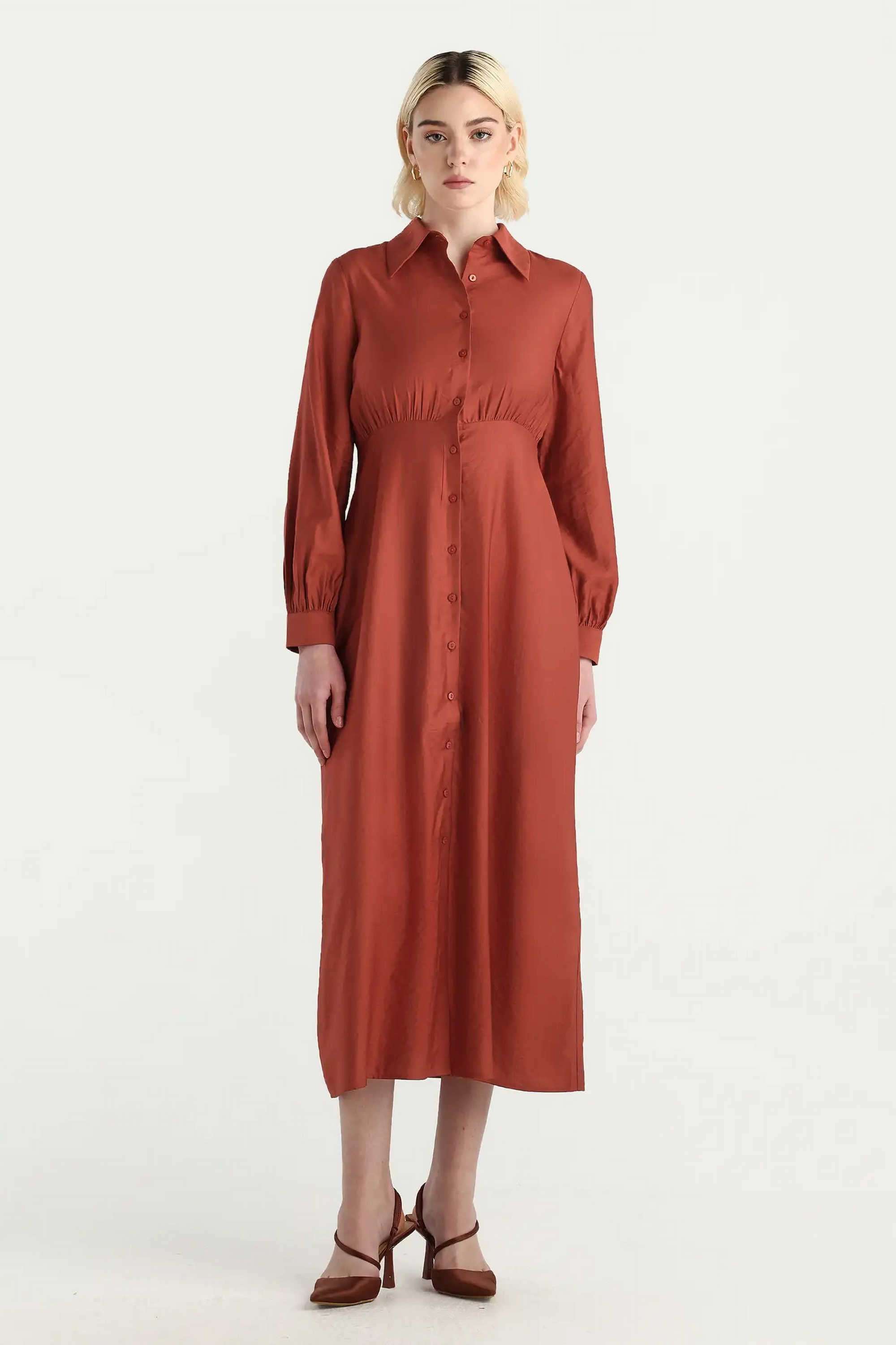 Solid-Blended-Fabric-Collared-Women-s-Dress