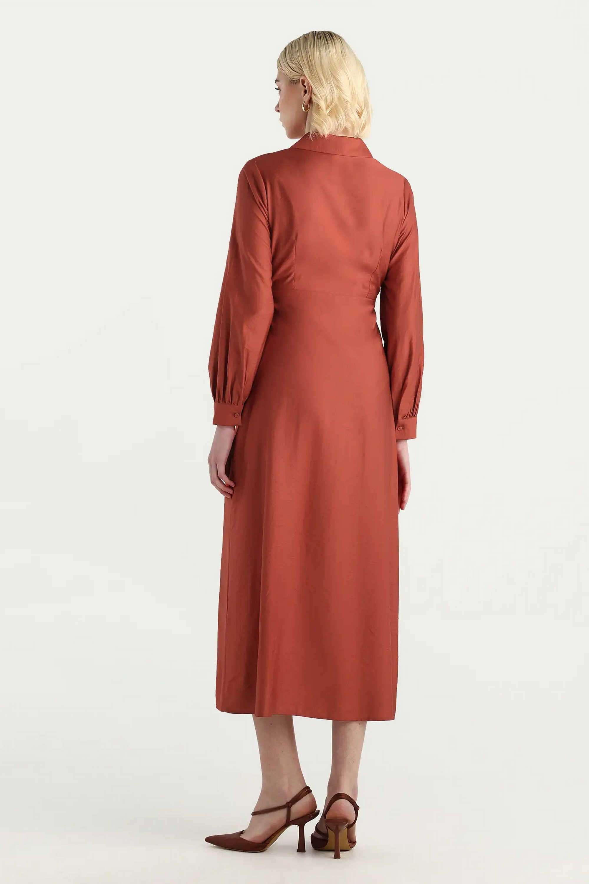 Solid-Blended-Fabric-Collared-Women-s-Dress