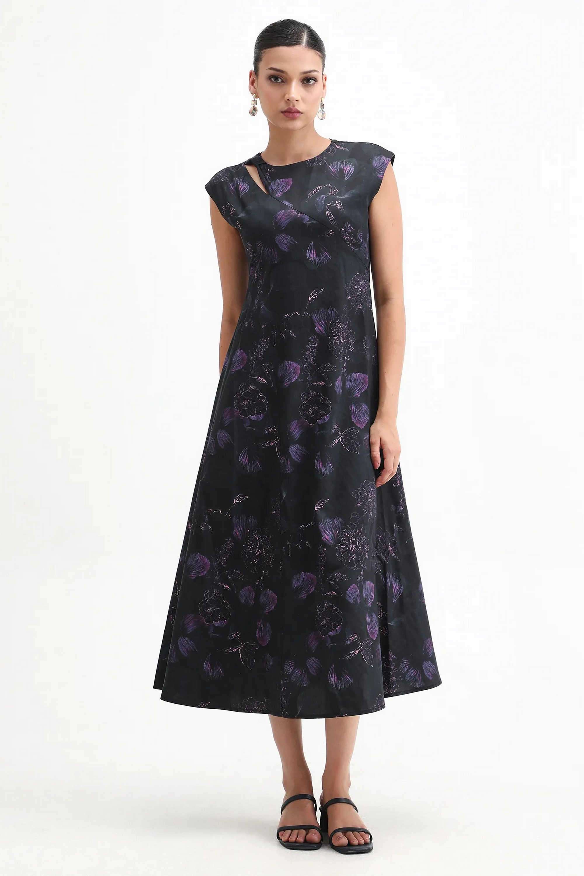 Floral-Blended-Fabric-Round-Neck-Women-s-Dress