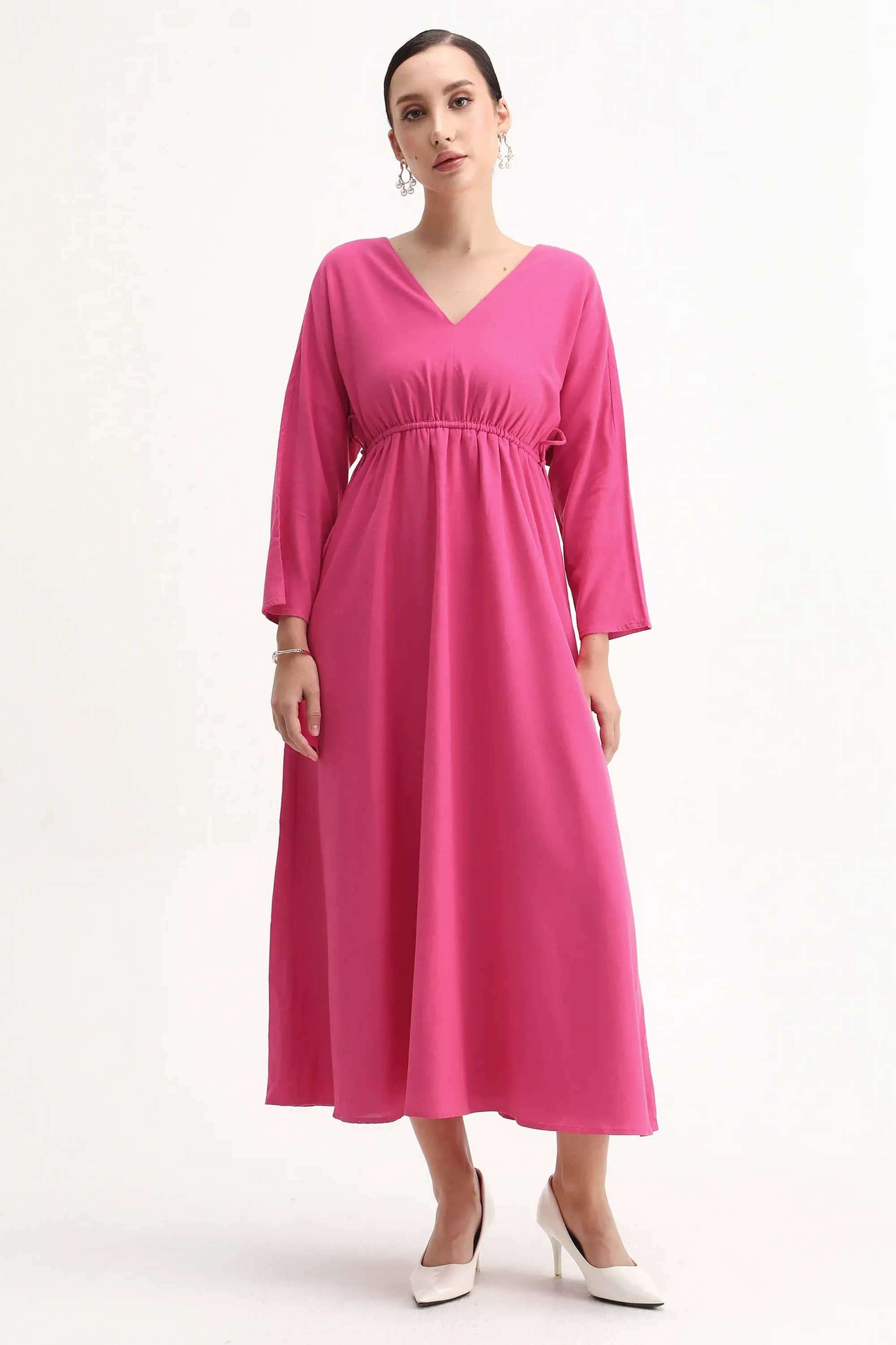 Solid-Blended-Fabric-V-Neck-Women-s-Dress