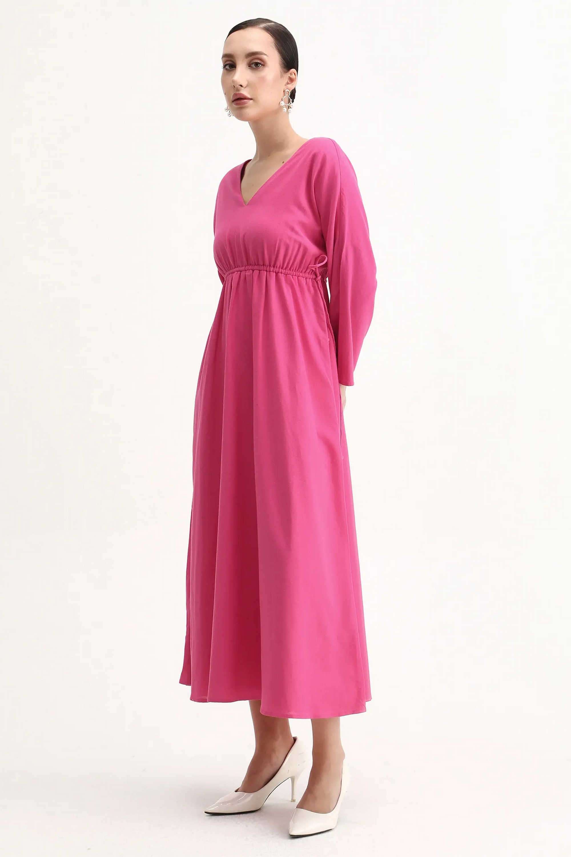 Solid-Blended-Fabric-V-Neck-Women-s-Dress