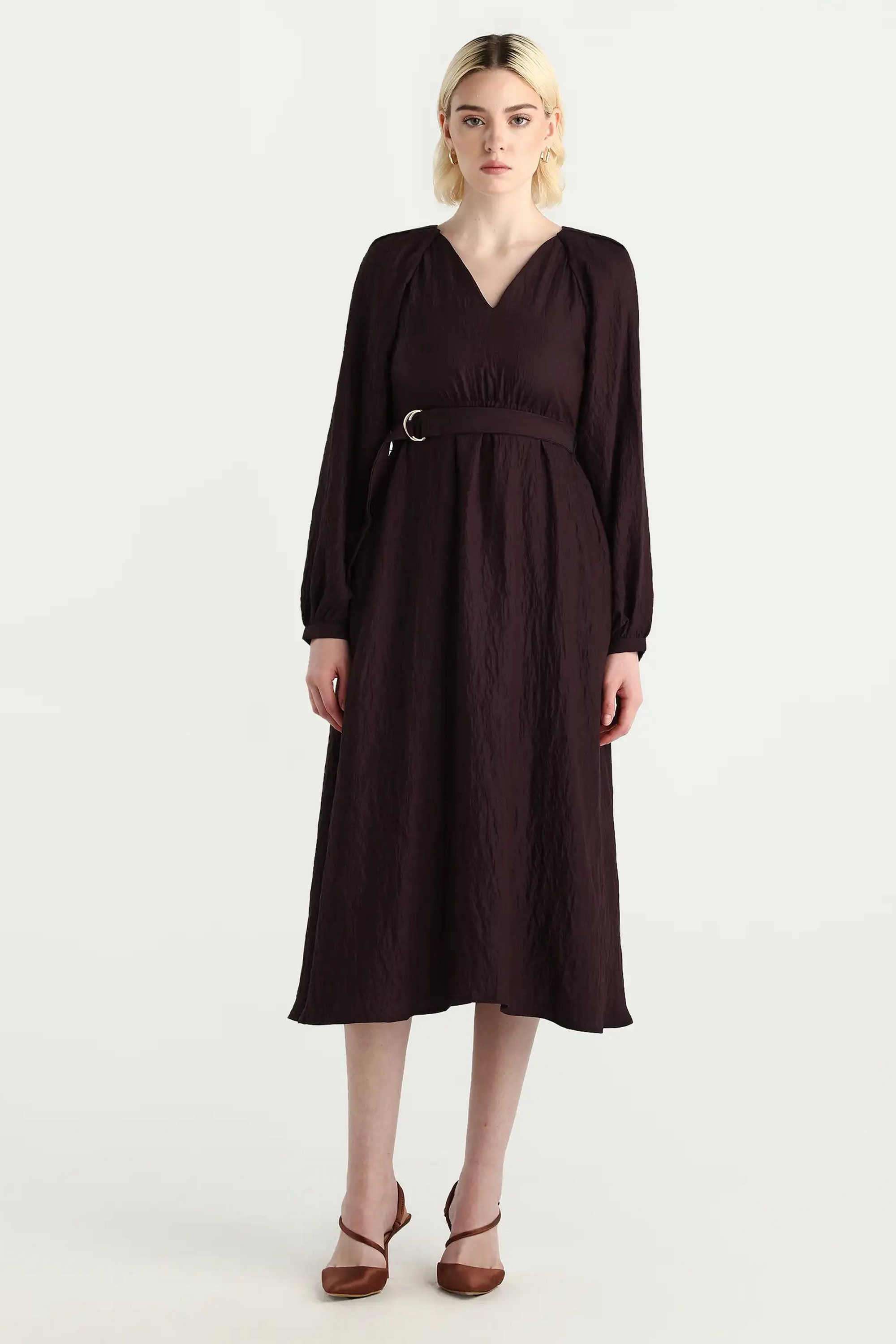 Solid-Blended-Fabric-V-Neck-Women-s-Dress