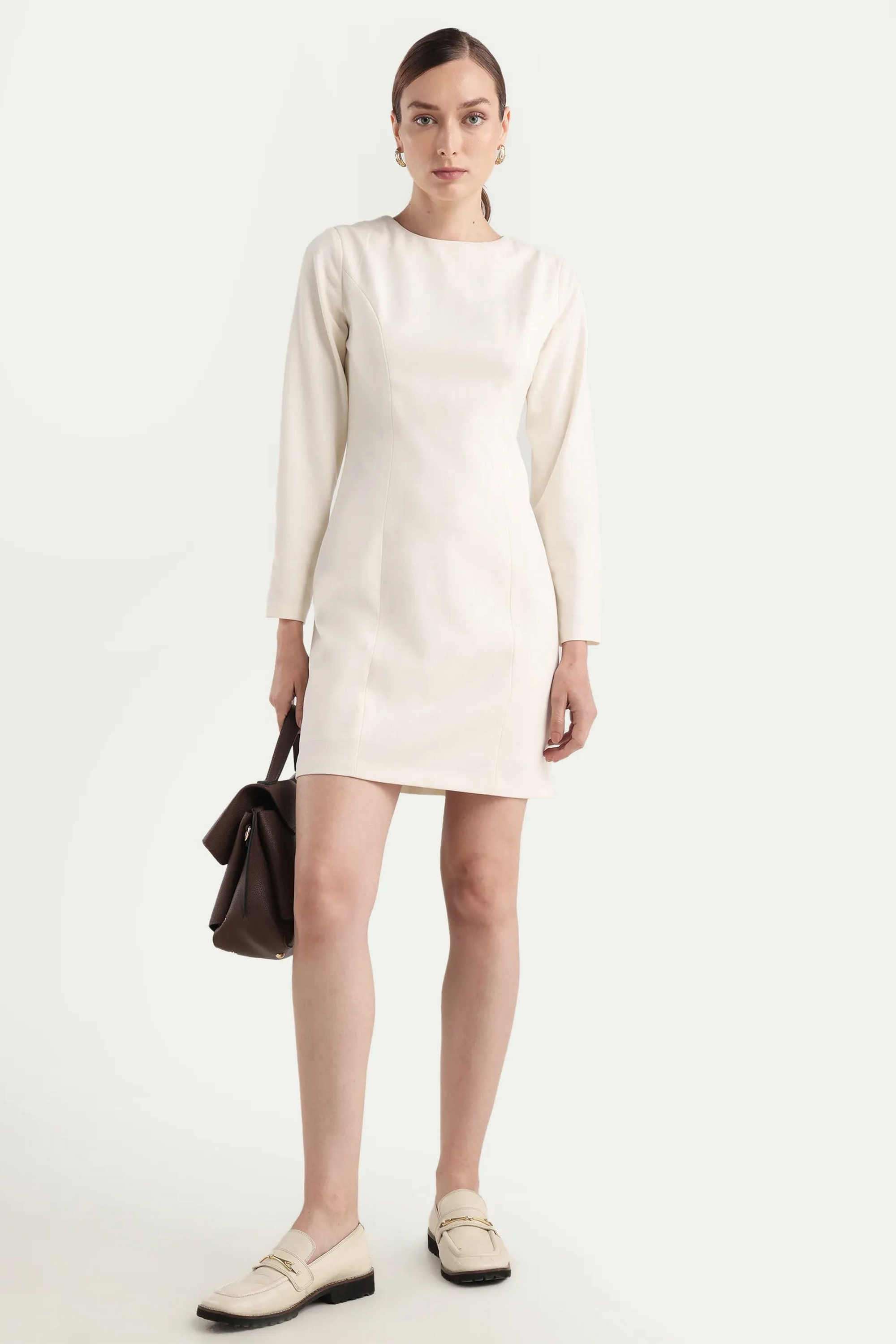 Solid-Blended-Fabric-Round-Neck-Women-s-Dress