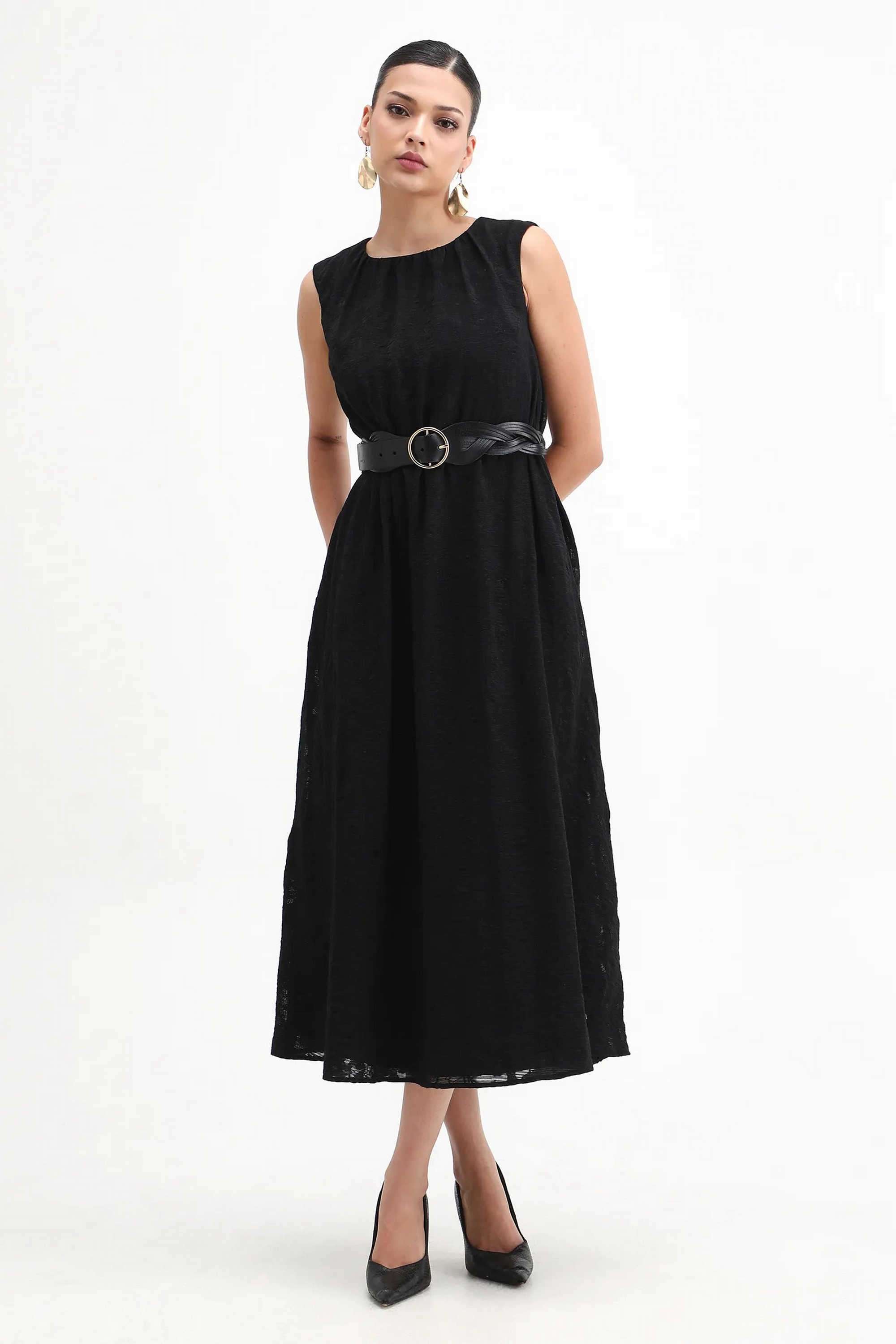 Solid-Blended-Fabric-Round-Neck-Women-s-Dress