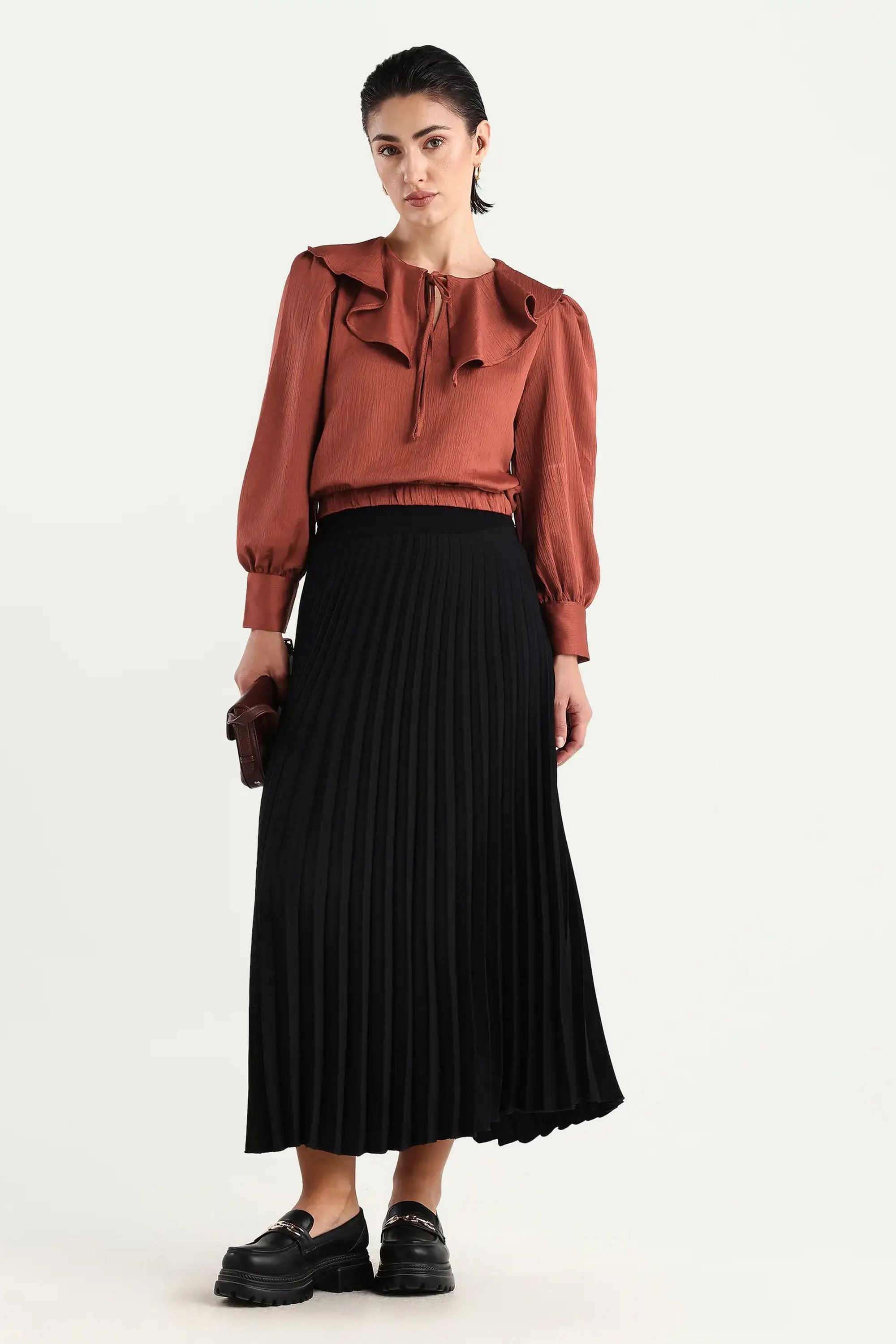 Solid-Polyester-Tie-Up-Neck-Women-s-Top