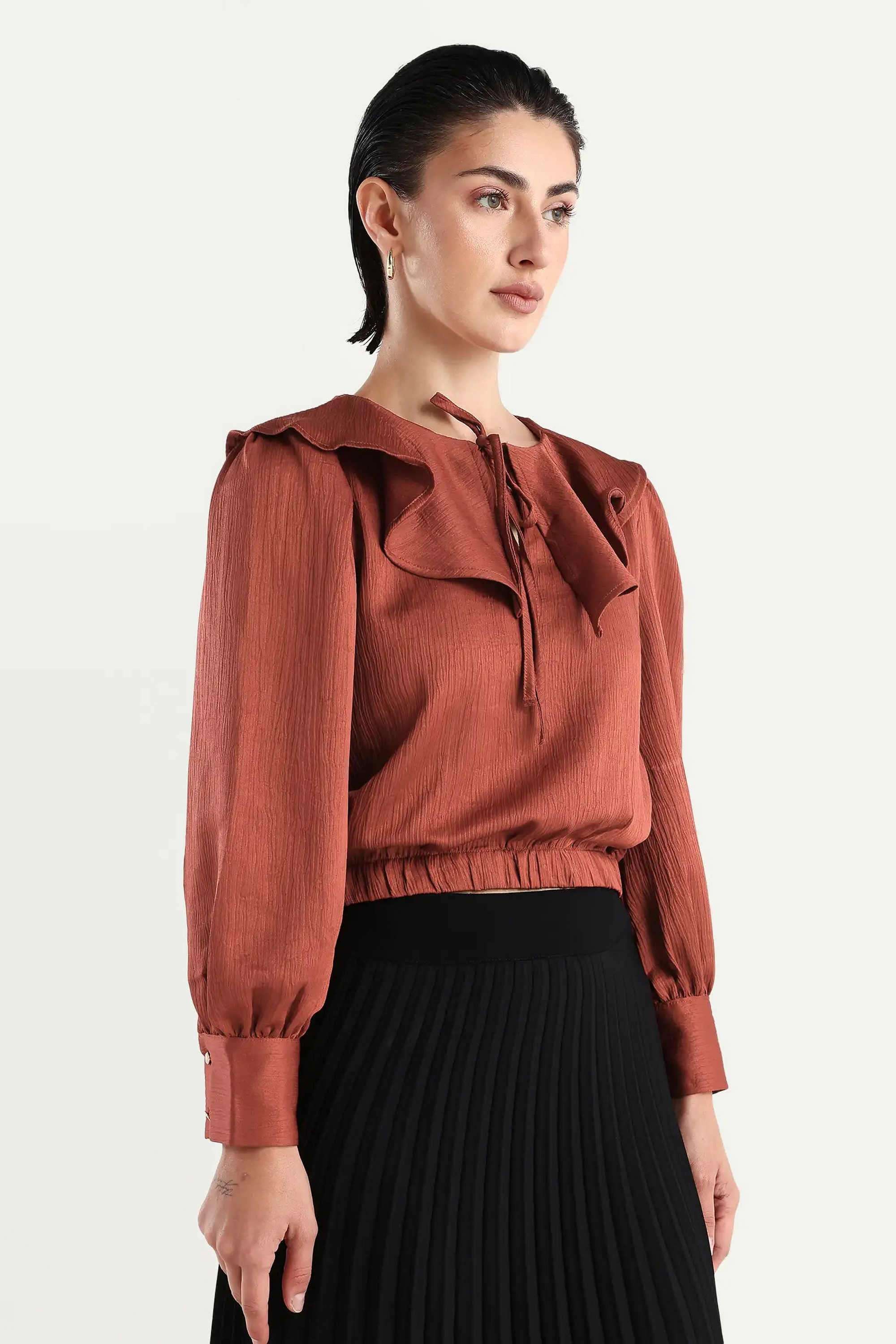 Solid-Polyester-Tie-Up-Neck-Women-s-Top