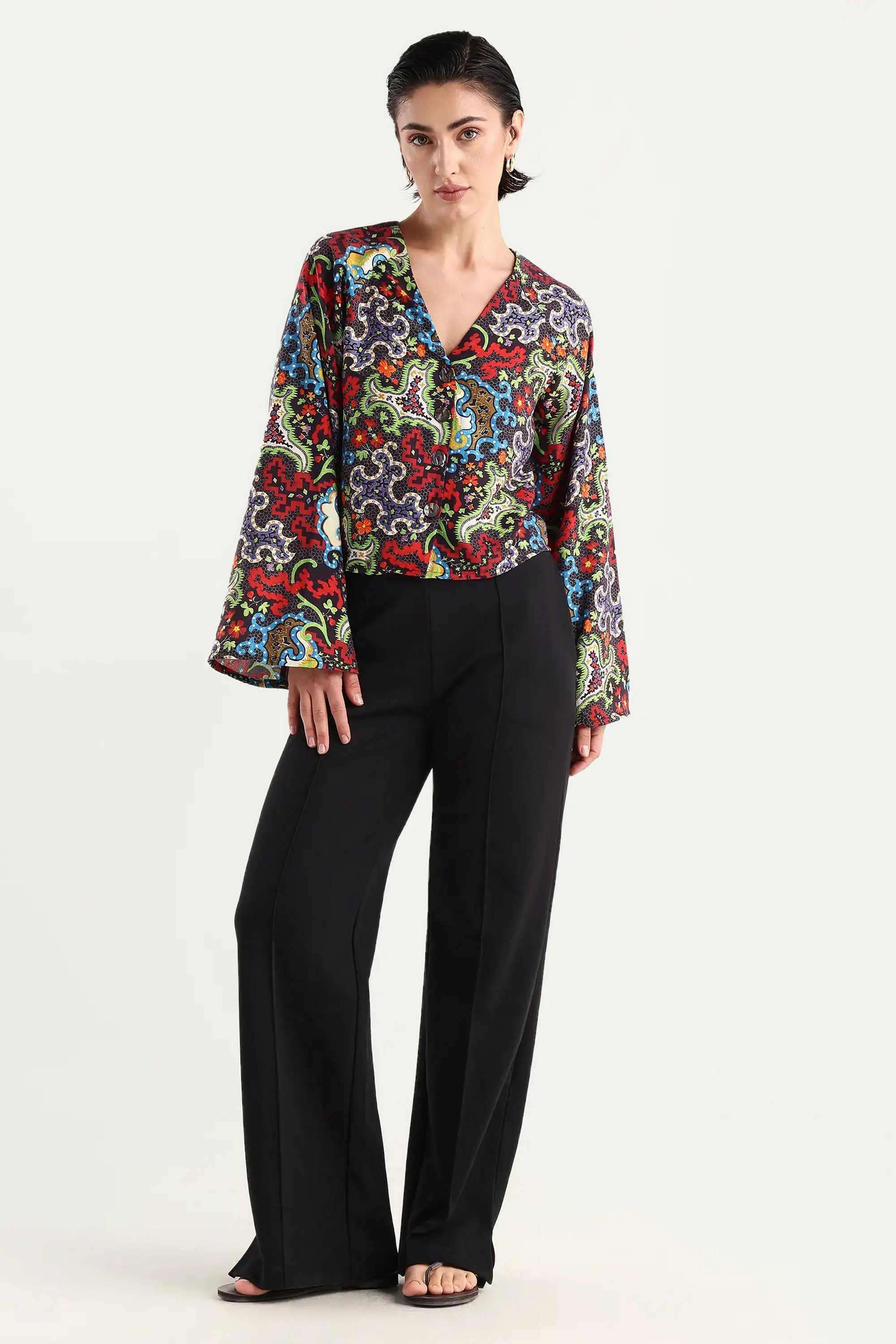 Printed-Polyester-V-Neck-Women-s-Top