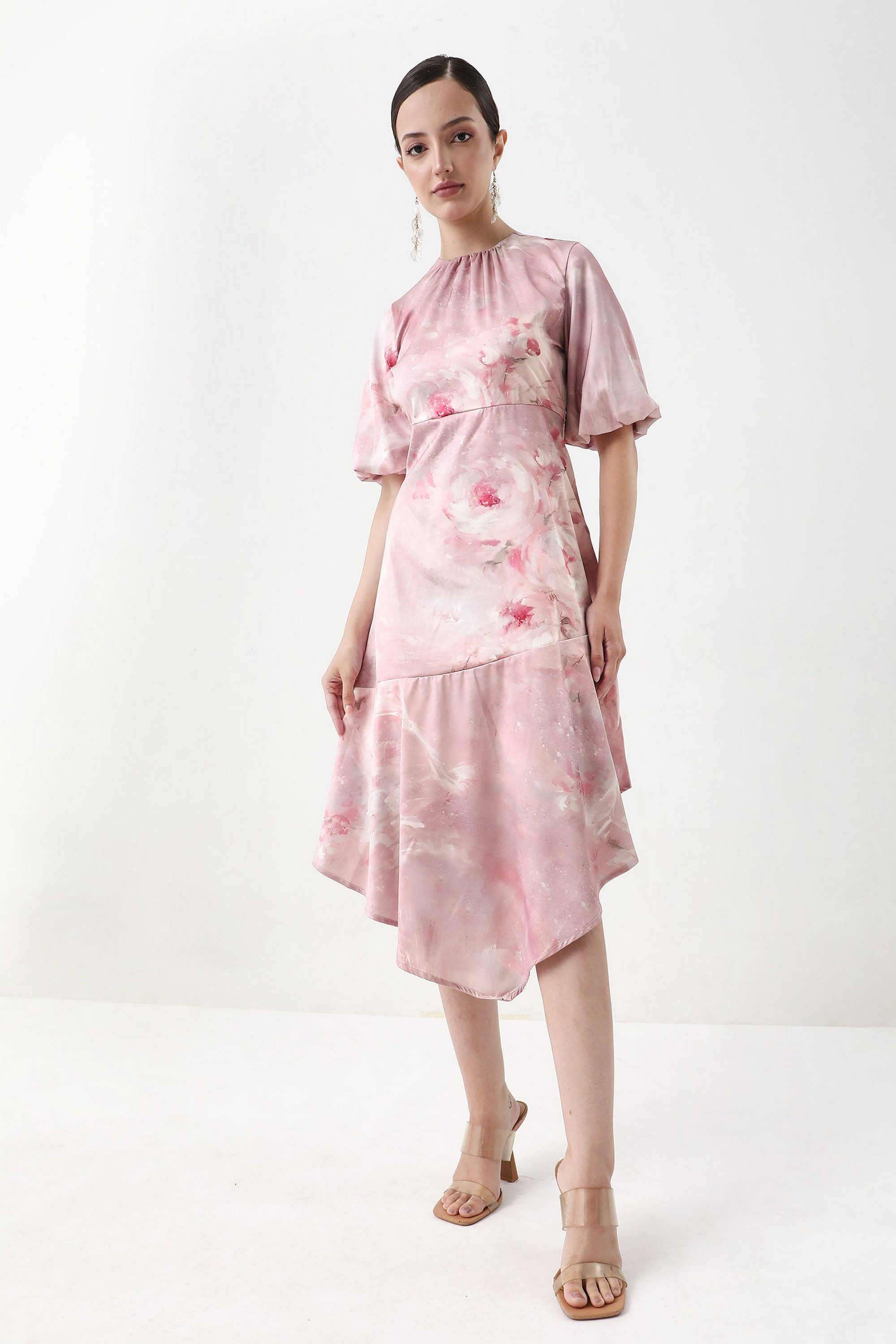 Floral-Satin-Round-Neck-Women-s-Dress