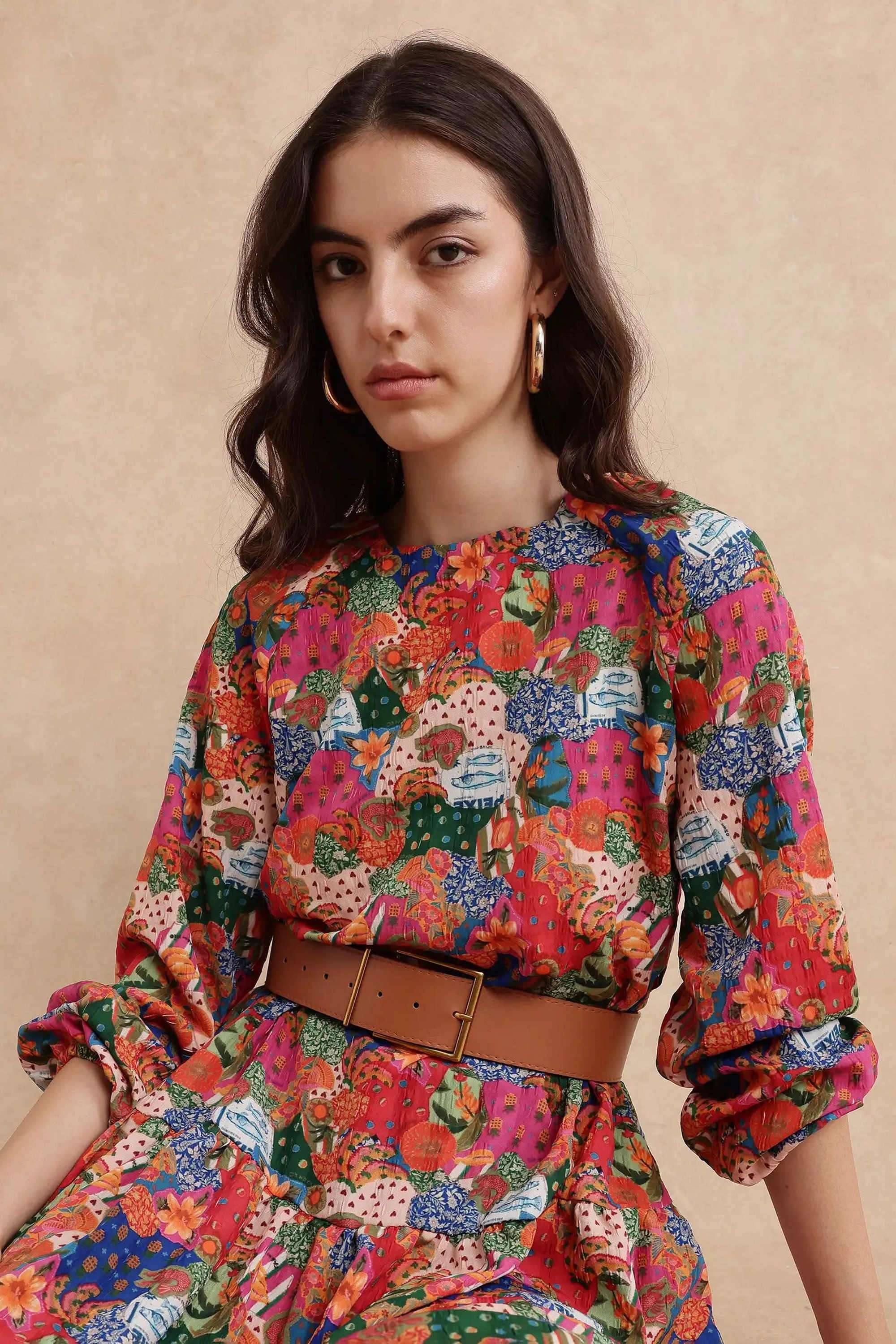 Printed-Blended-Fabric-Round-Neck-Women-s-Dress