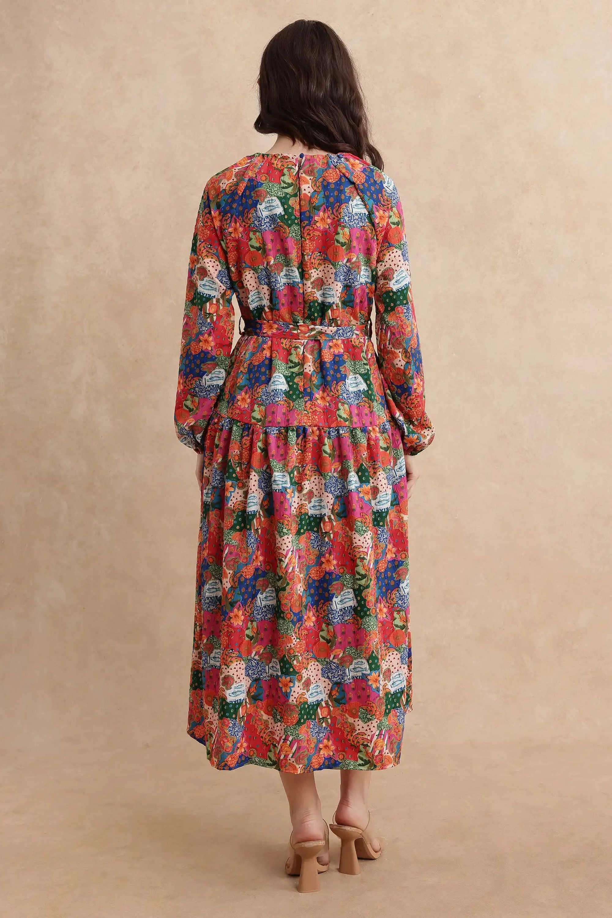 Printed-Blended-Fabric-Round-Neck-Women-s-Dress