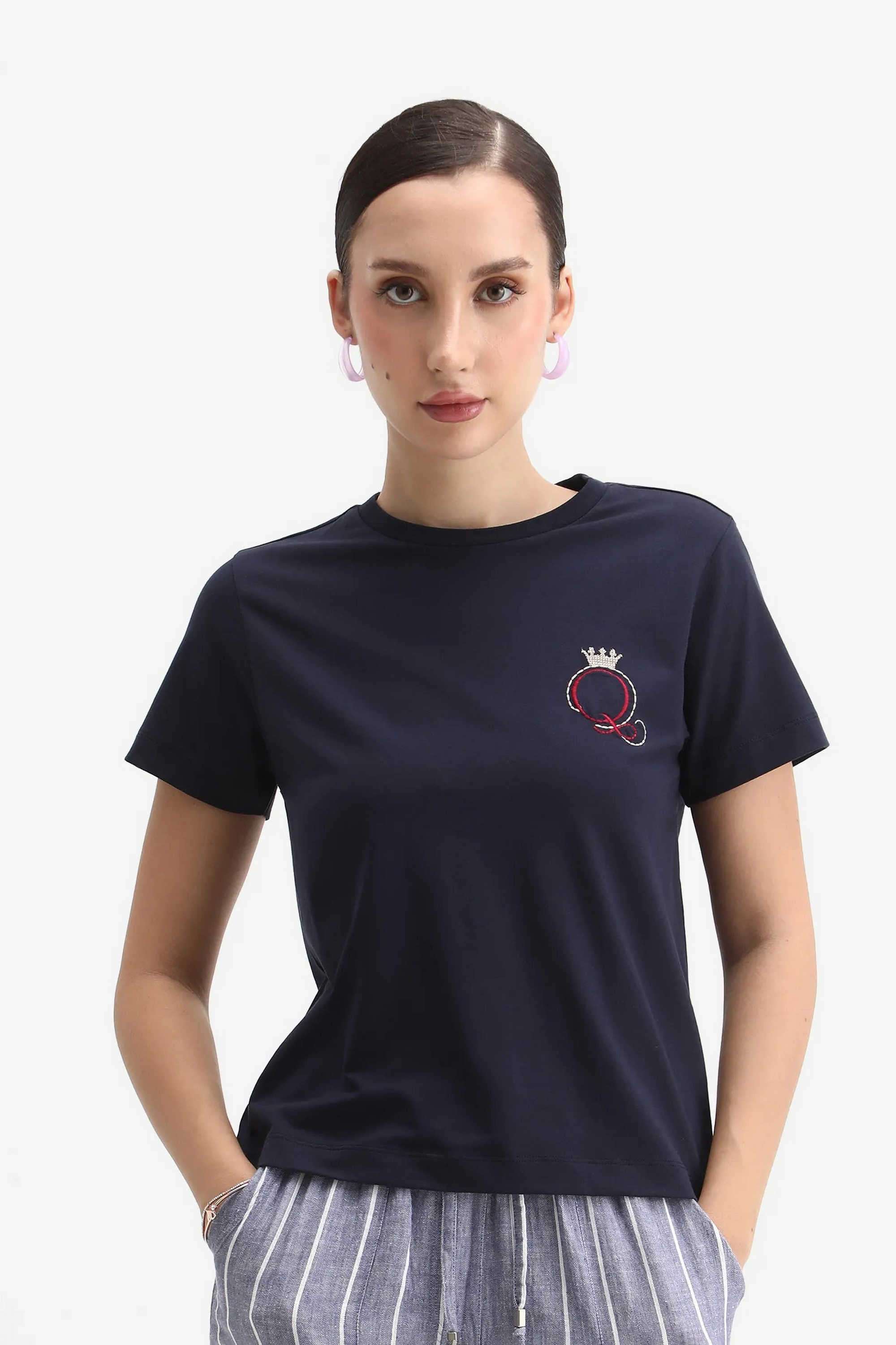 Printed-Blended-Fabric-Round-Neck-Women-s-T-Shirt