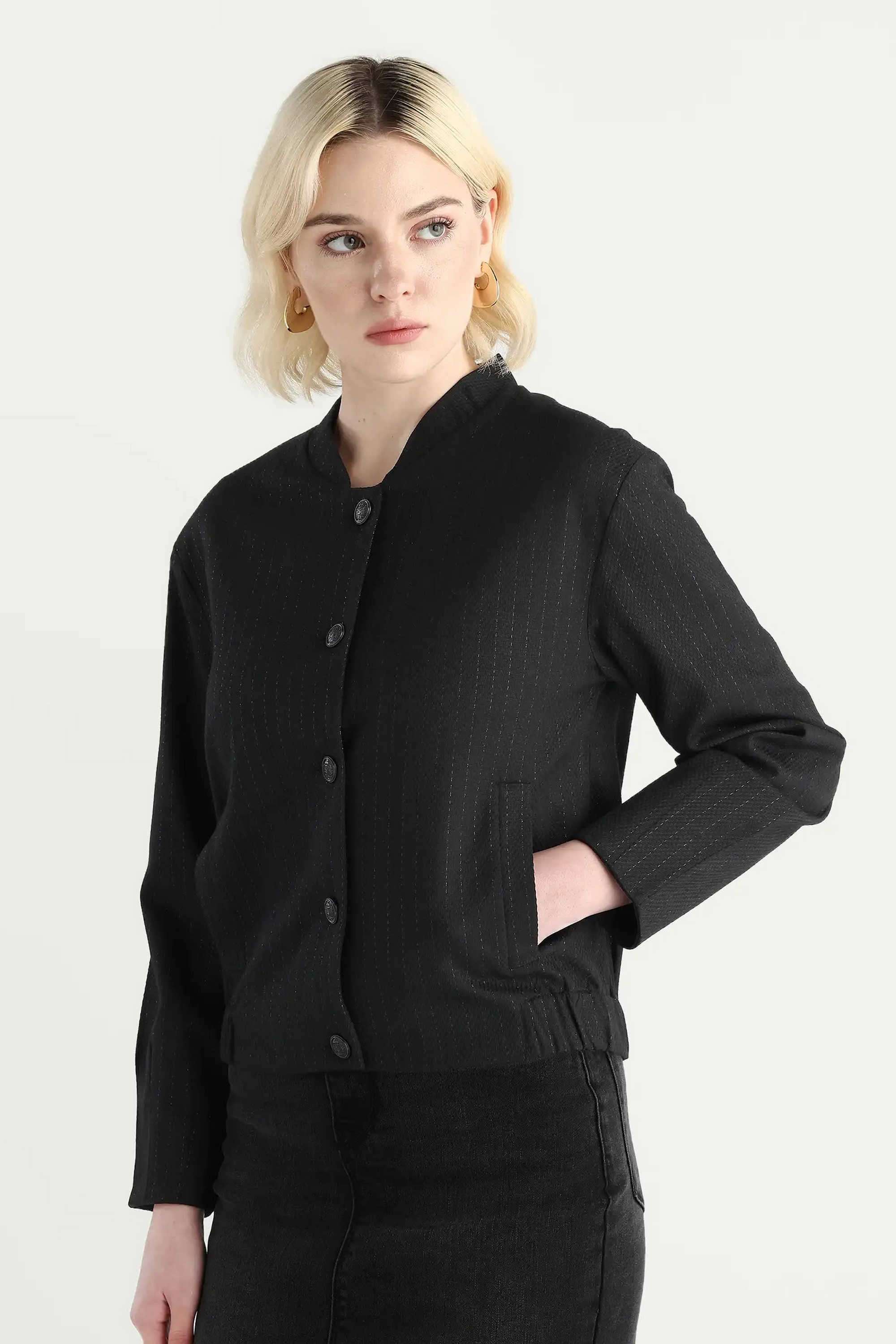 Solid-Polyester-Collared-Women-s-Jacket