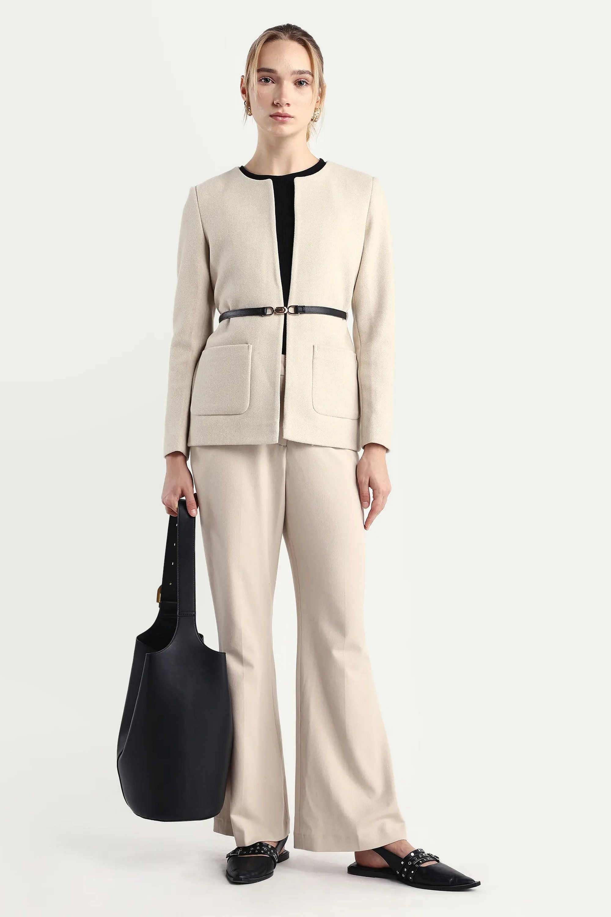 Solid-Blended-Fabric-Round-Neck-Women-s-Jacket