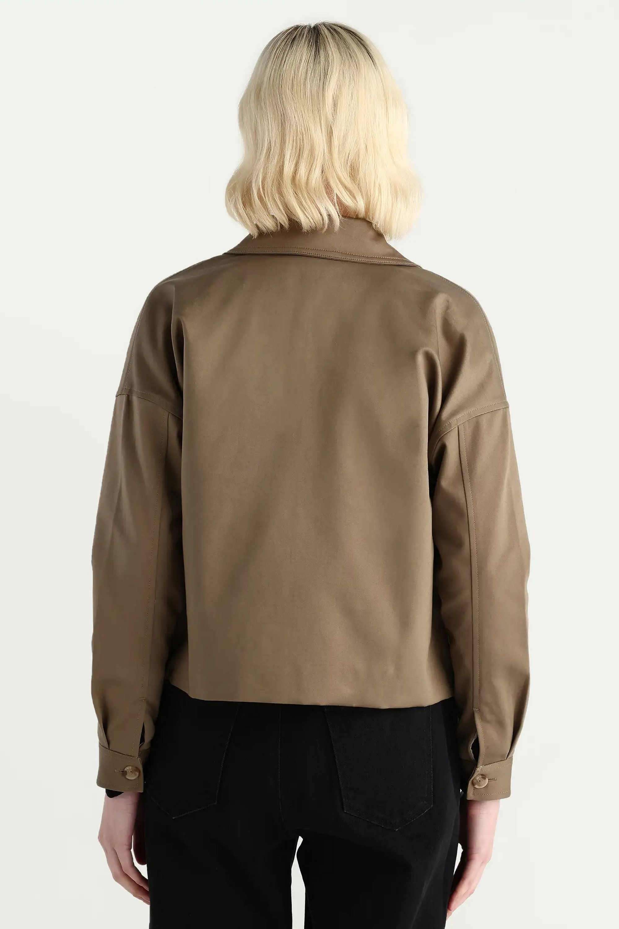 Solid-Cotton-Blend-Collared-Women-s-Jacket