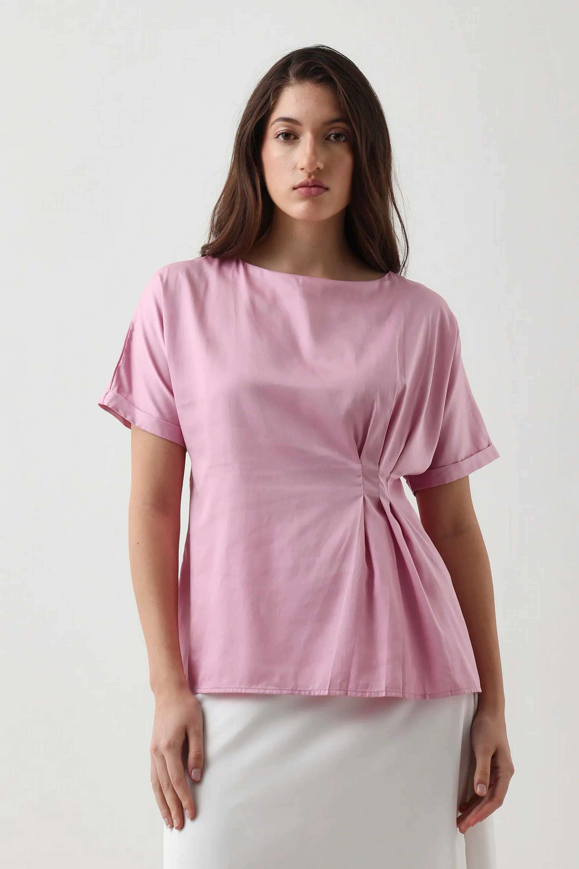 Solid-Collared-Blended-Fabric-Women-s-Casual-Wear-Top