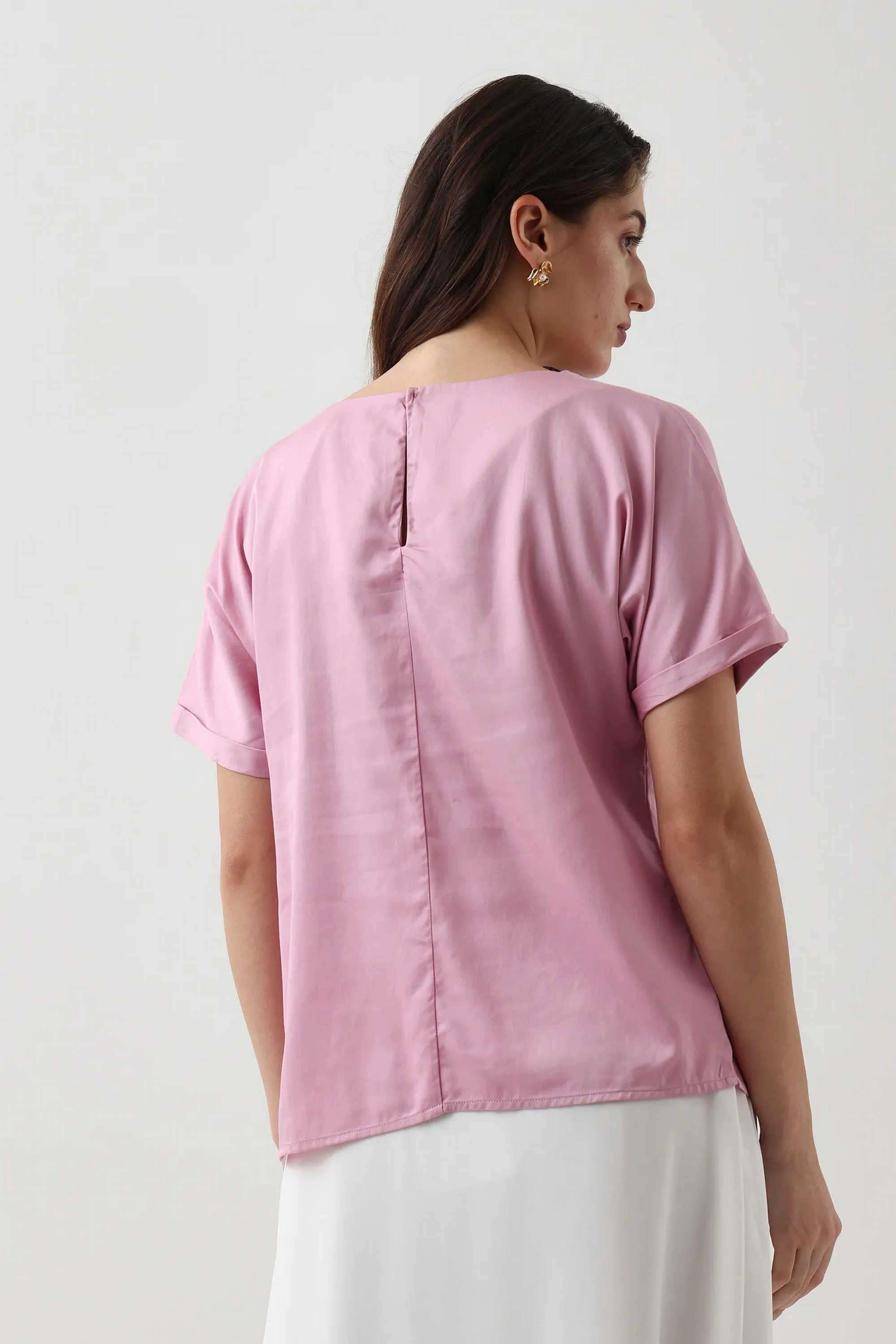 Solid-Collared-Blended-Fabric-Women-s-Casual-Wear-Top