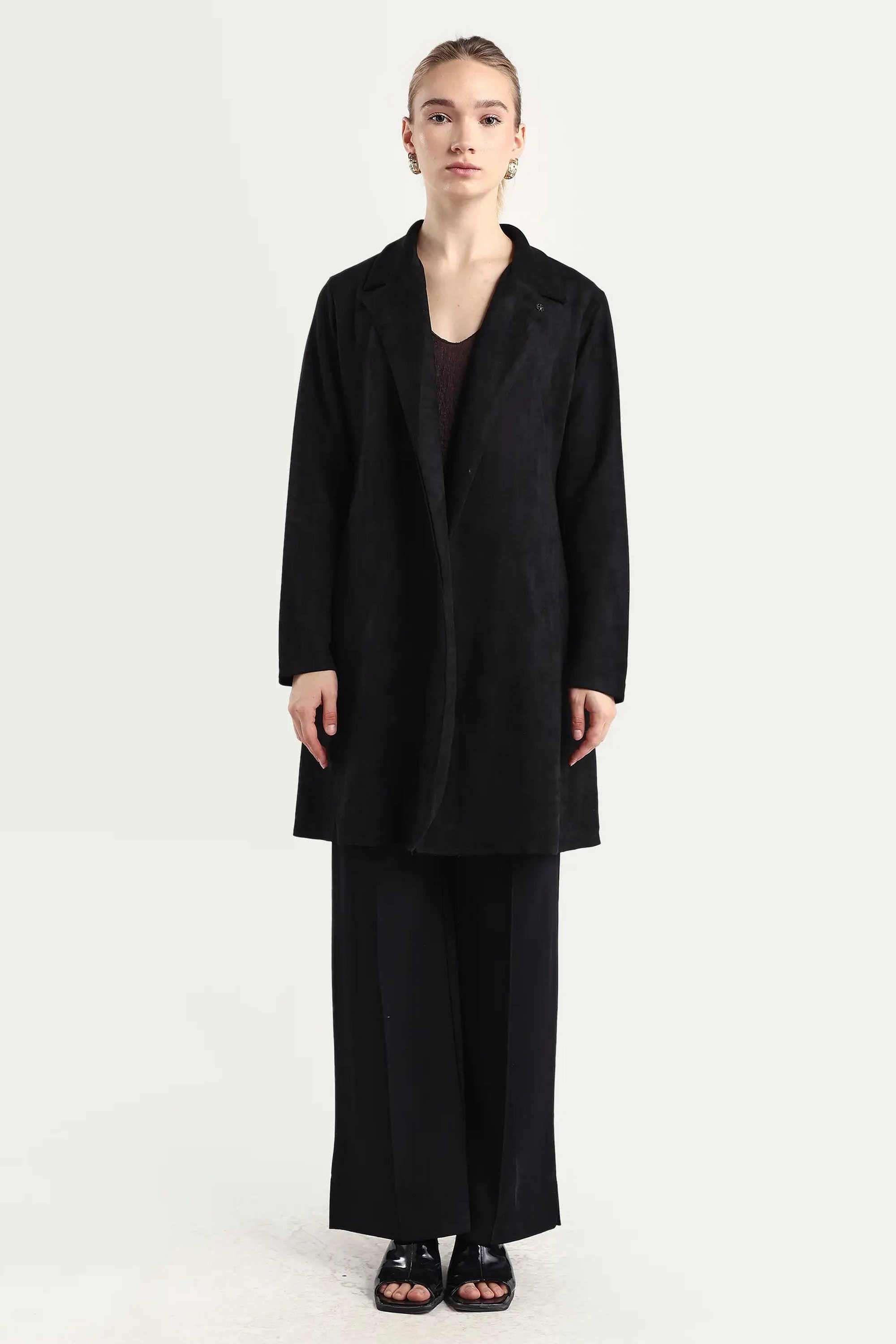 Solid-Blended-Fabric-Collared-Women-s-Coat