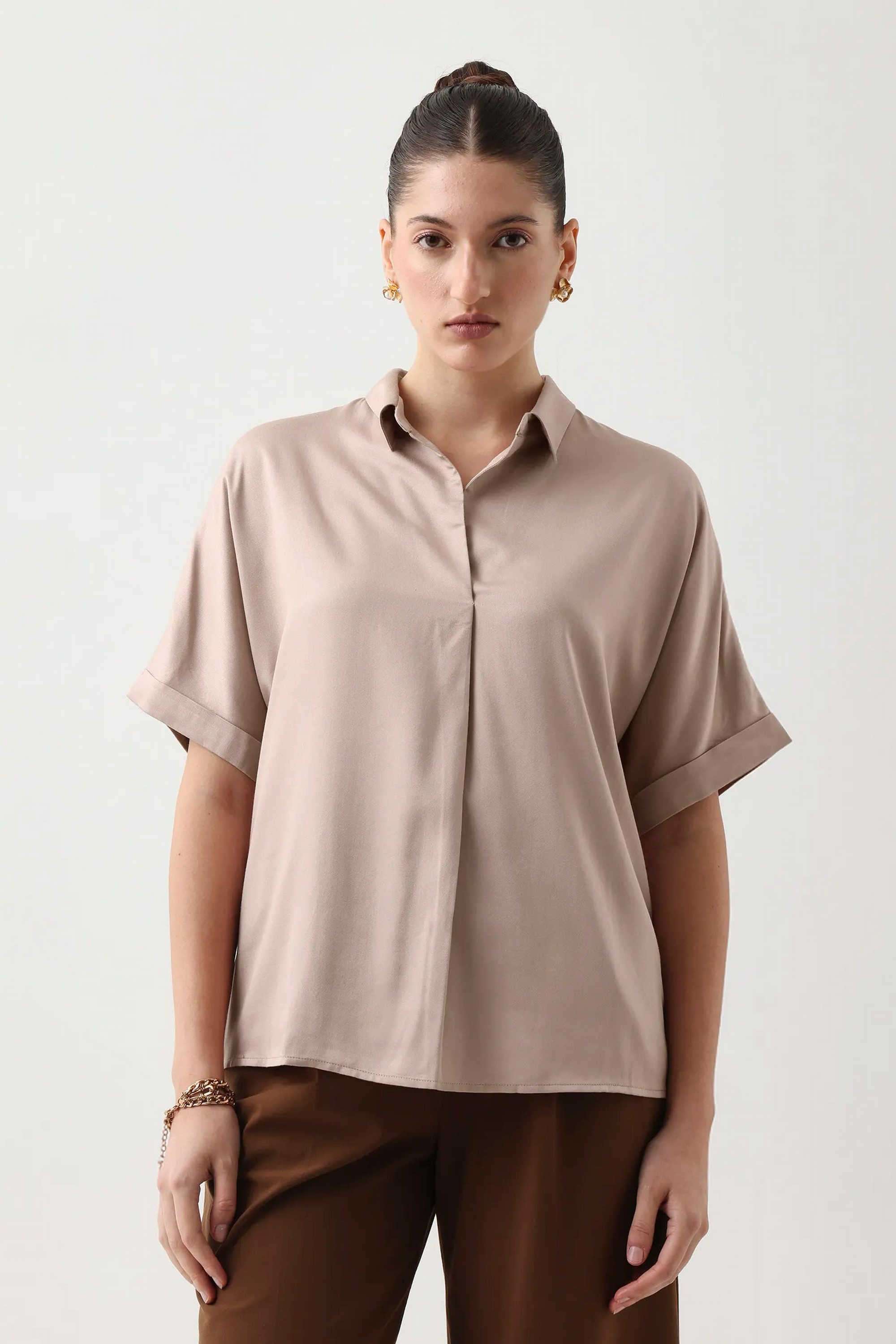 Solid-Viscose-Collared-Women-s-Top