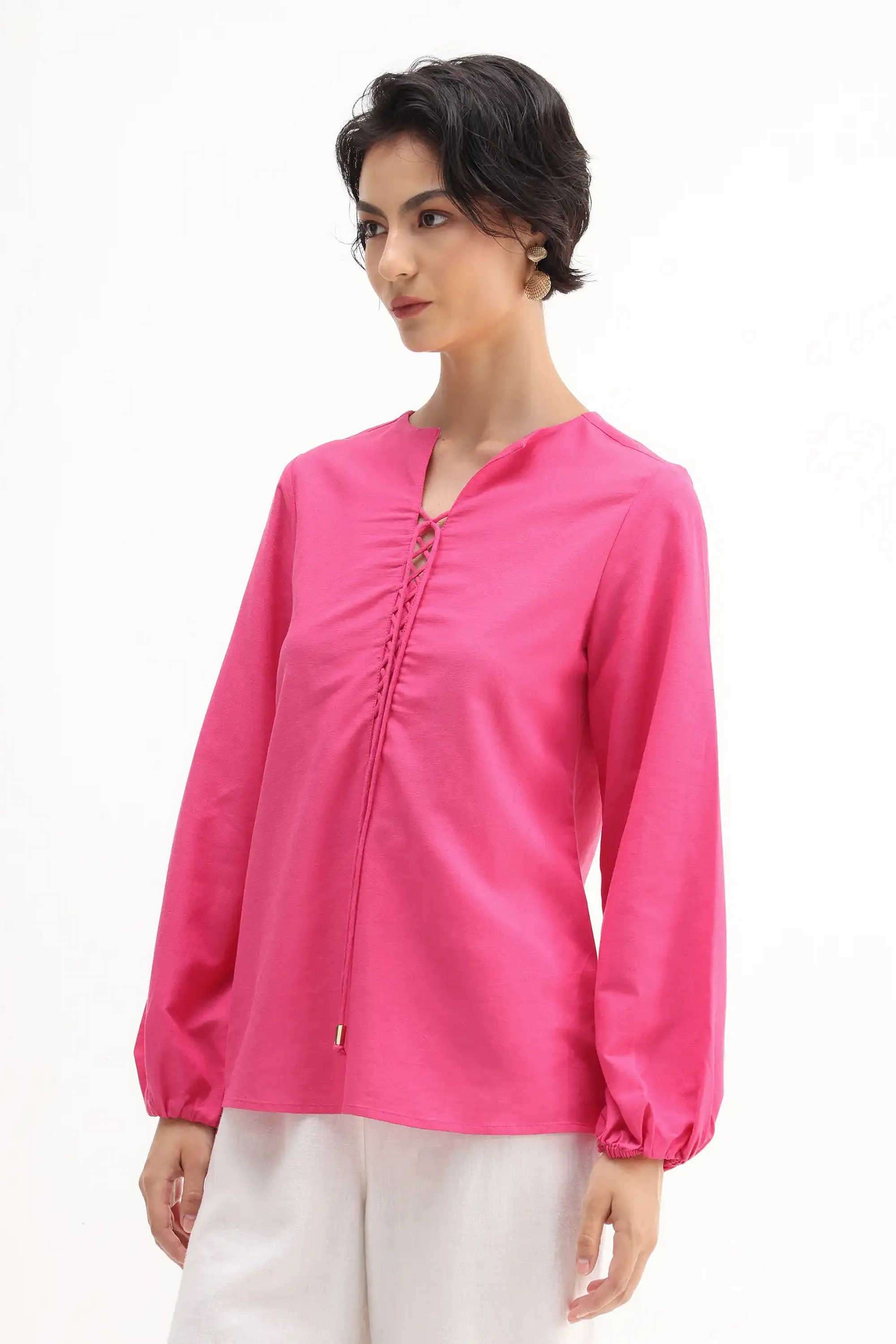 Solid-Blended-Fabric-Tie-Up-Neck-Women-s-Top