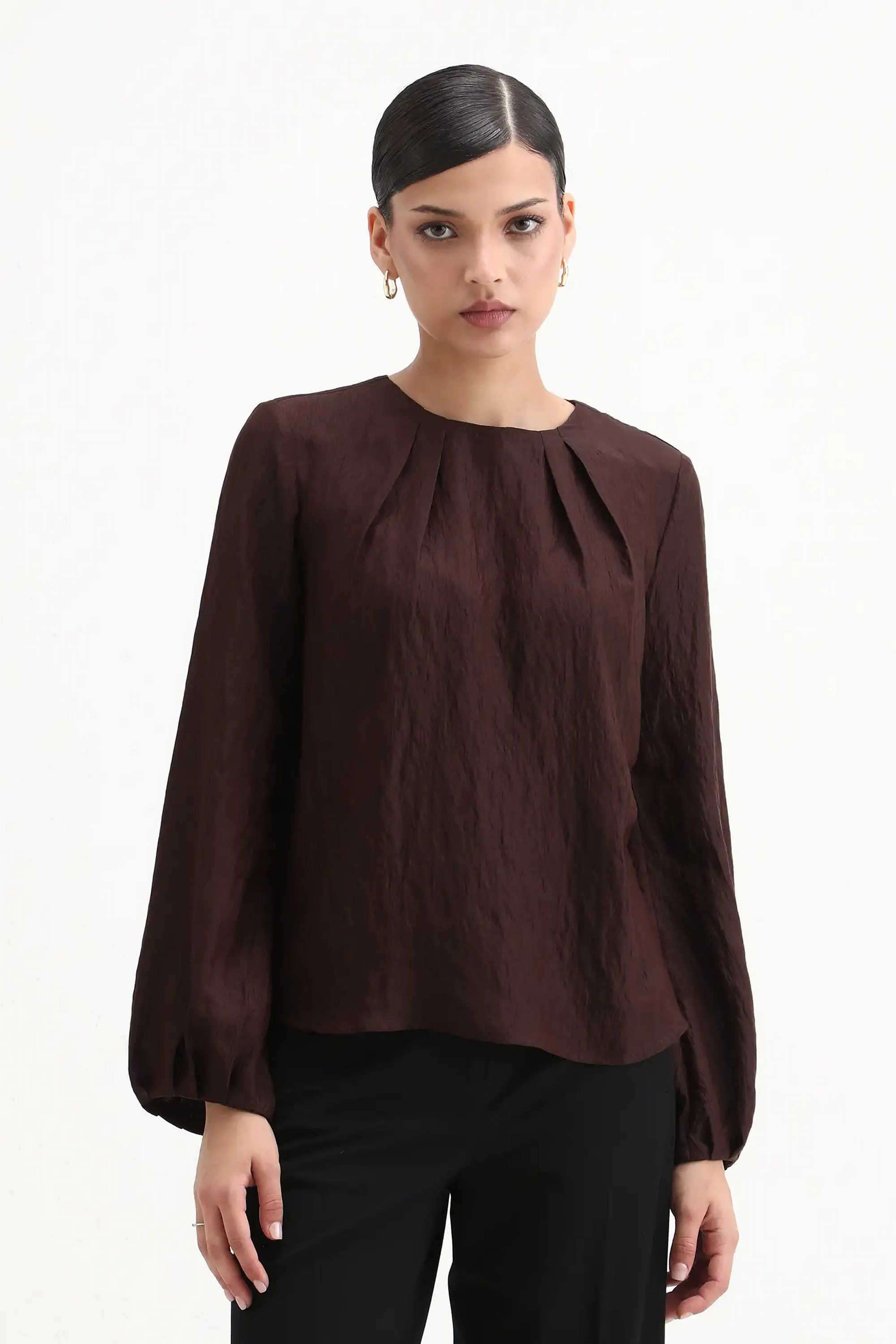 Solid-Blended-Fabric-Round-Neck-Women-s-Top