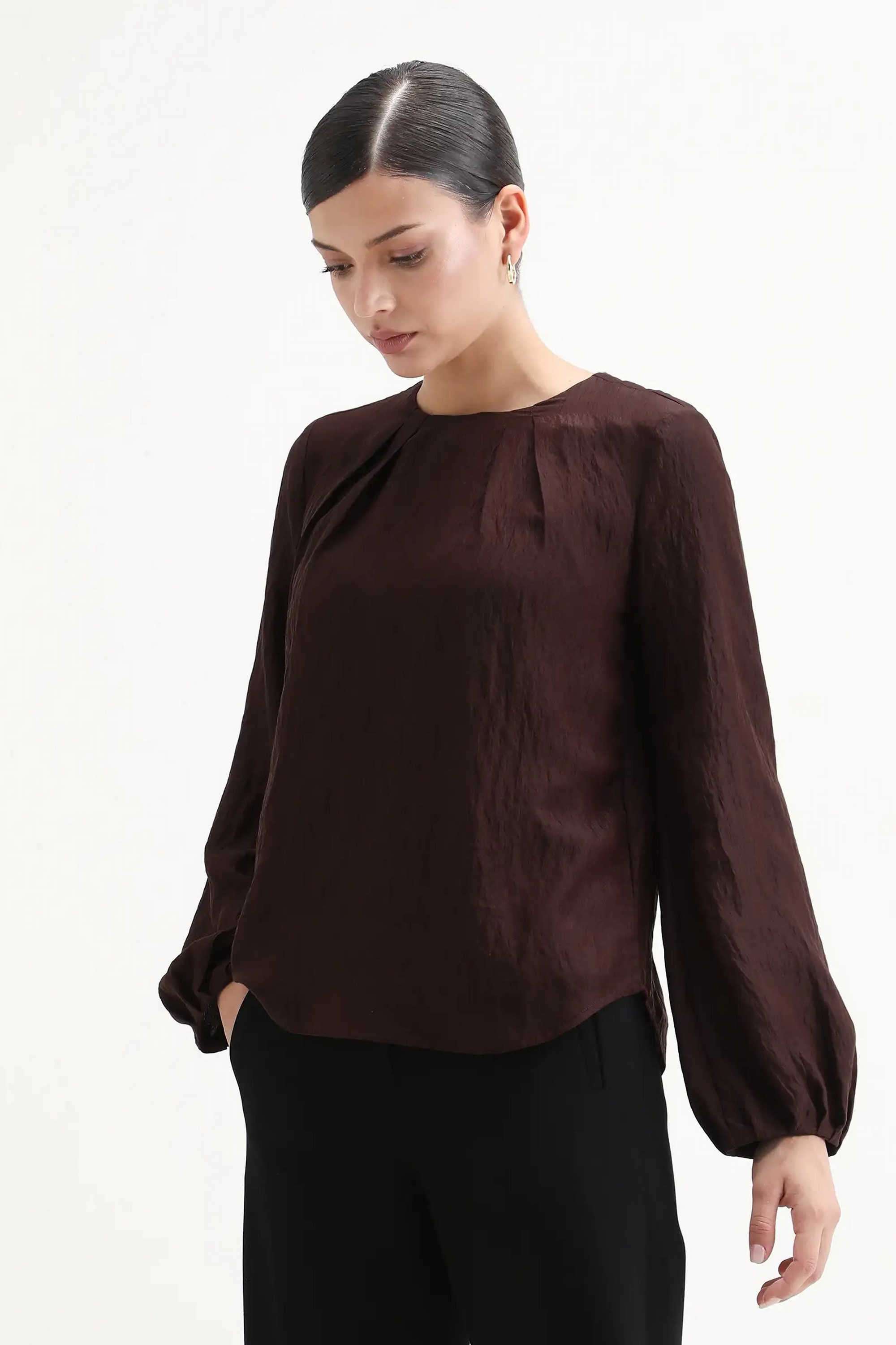 Solid-Blended-Fabric-Round-Neck-Women-s-Top