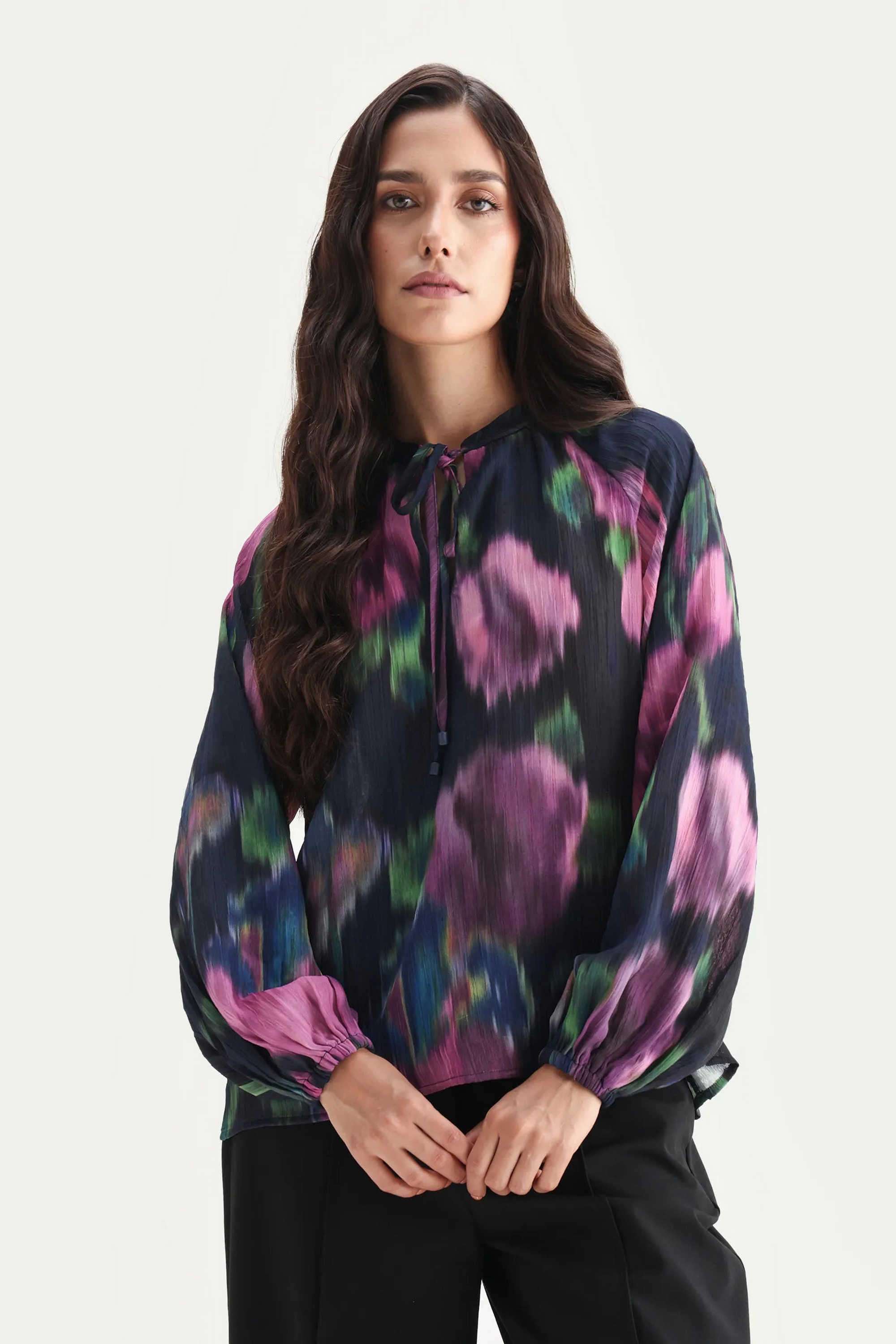 Printed-Tie-Up-Neck-Polyester-Women-s-Casual-Wear-Top