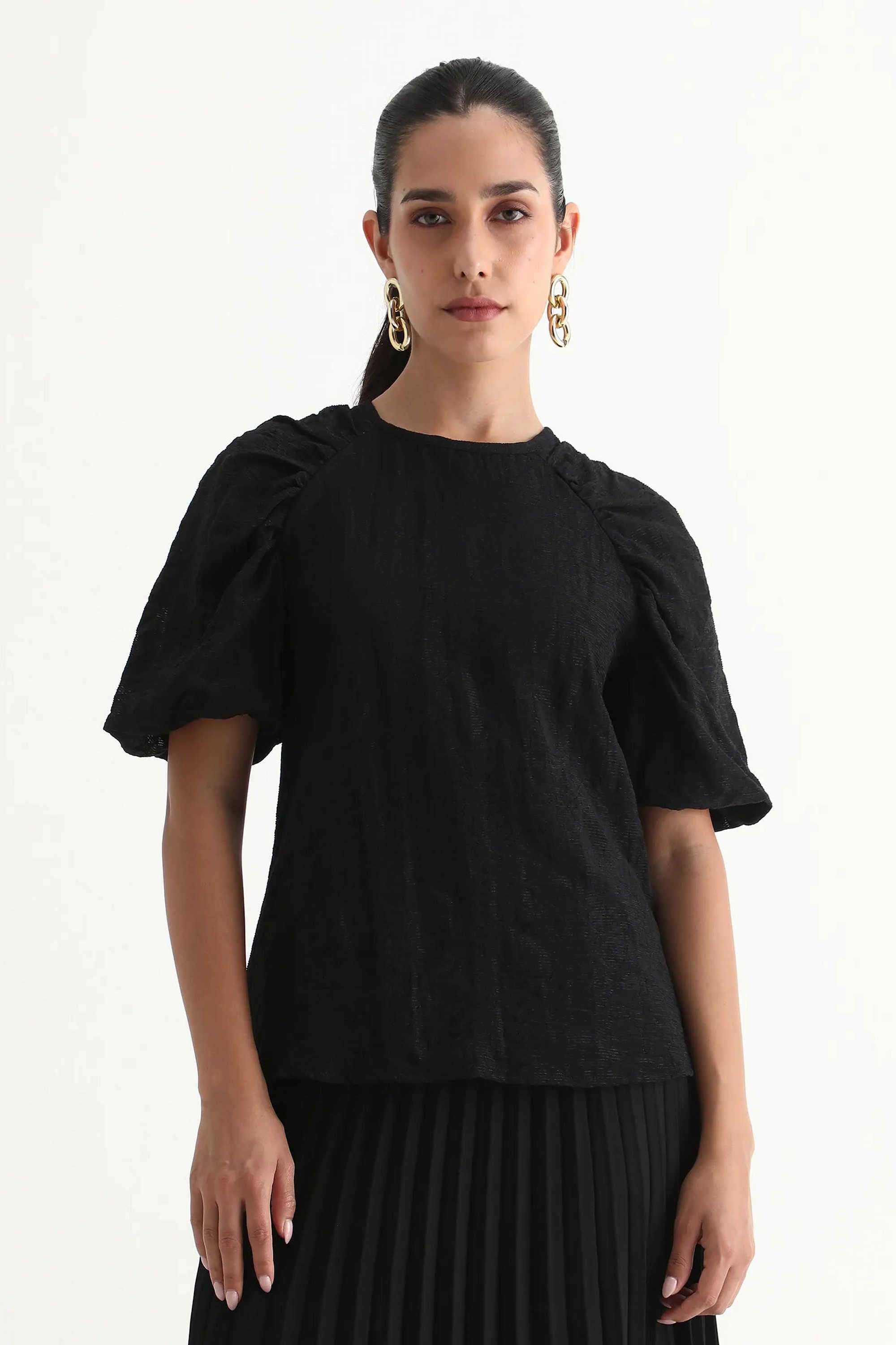 Solid-Blended-Fabric-Round-Neck-Women-s-Top